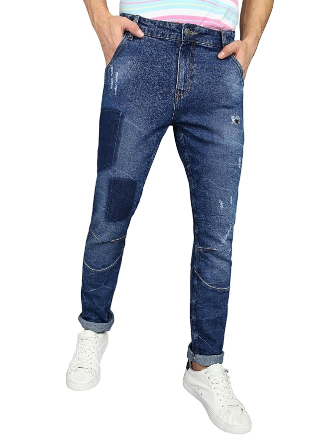 Urbano Fashion Men's Blue Slim Fit Heavy Washed Mild Distressed Patched Jeans Stretch