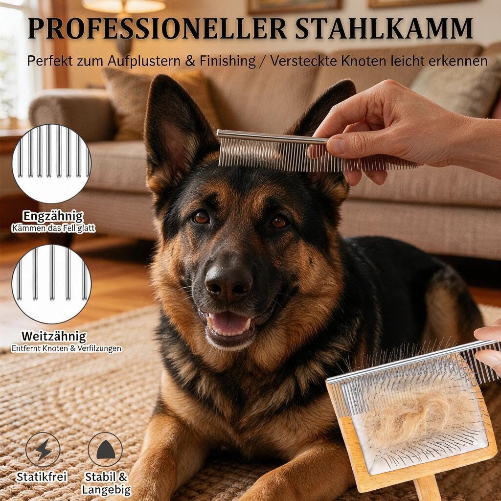 5-teiliges Hundepflege-Set – Große Slicker-Bürste mit langen Stiften für Doodles, Goldendoodles & Pudel – Hundebürste für lockiges Fell, Entfernt Verfilzungen & Knoten, Holzgriff – Holz