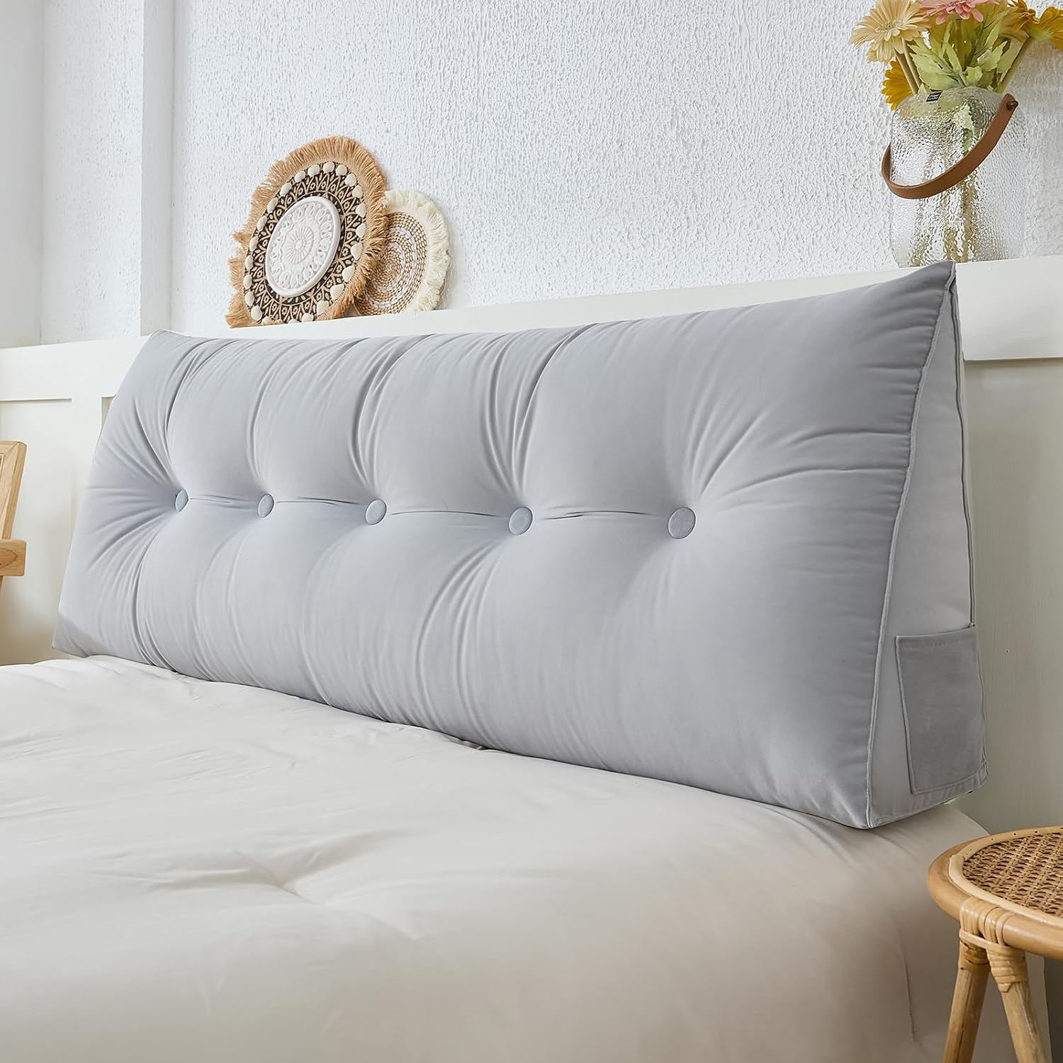 Zelladorra Headboard Pillow for Bed,Triangular Wedge Pillow Headboard Positioning Support While Reading and Resting,Cushion Headboard with Washable Cover, Filled with Cotton,Grey Twin