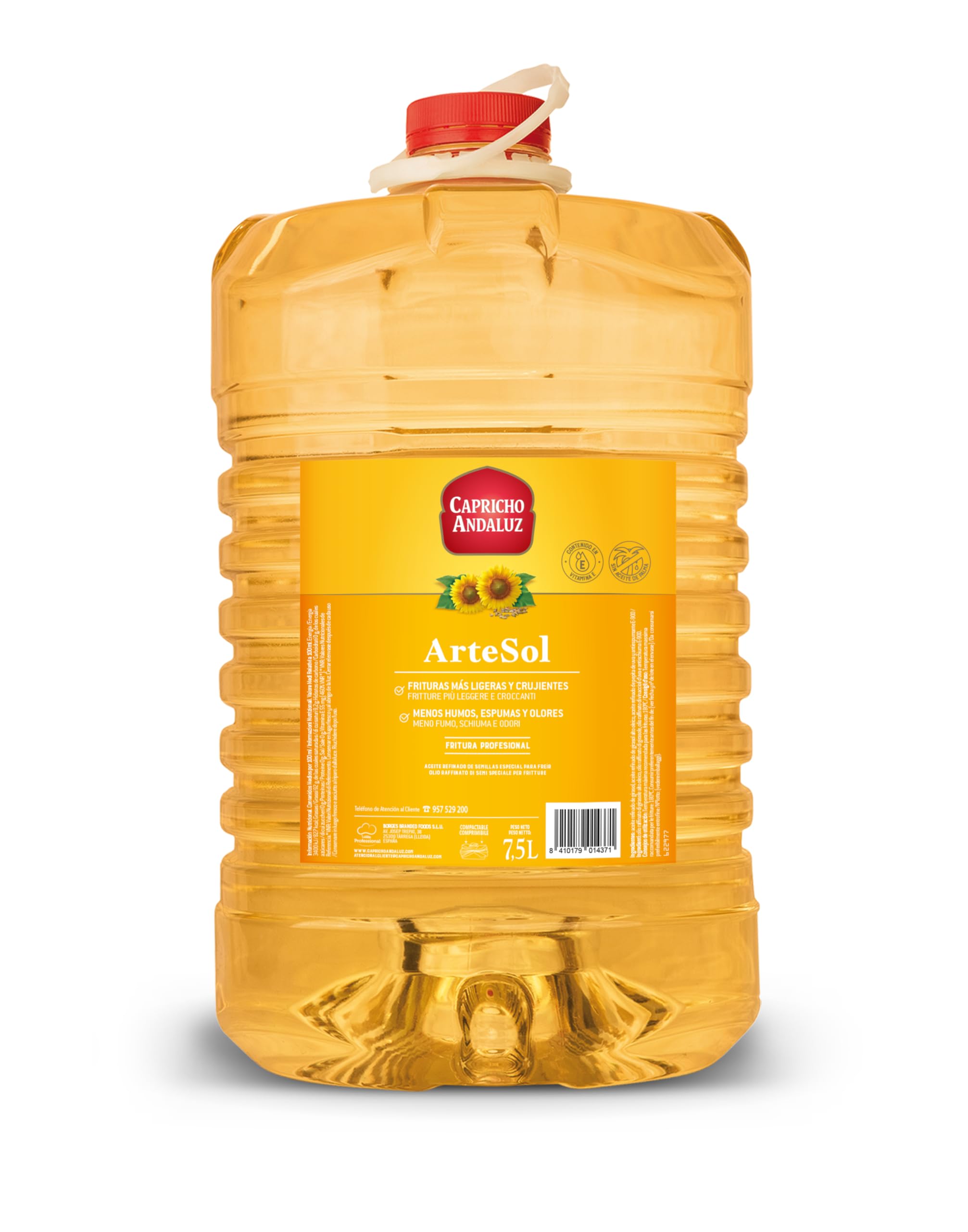 Capricho Andaluz - Aceite de Girasol Refinado Artesol PET 7,5L, Especial para Freír, Alta Resistencia al Calor, Fritura Limpia y Ligera sin Sabores