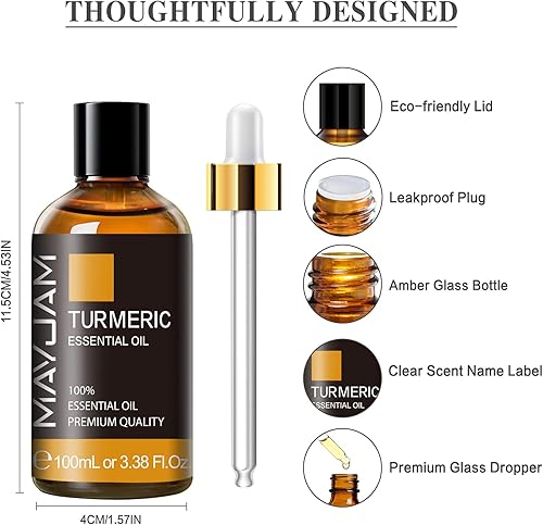 Miniatura 6 de Turmeric Essential Oil, MAYJAM Pure Essential Oils for Diffusers, 3.38FL.OZ100ML Large Volume Turmeric Oil with Premium Glass Dropper