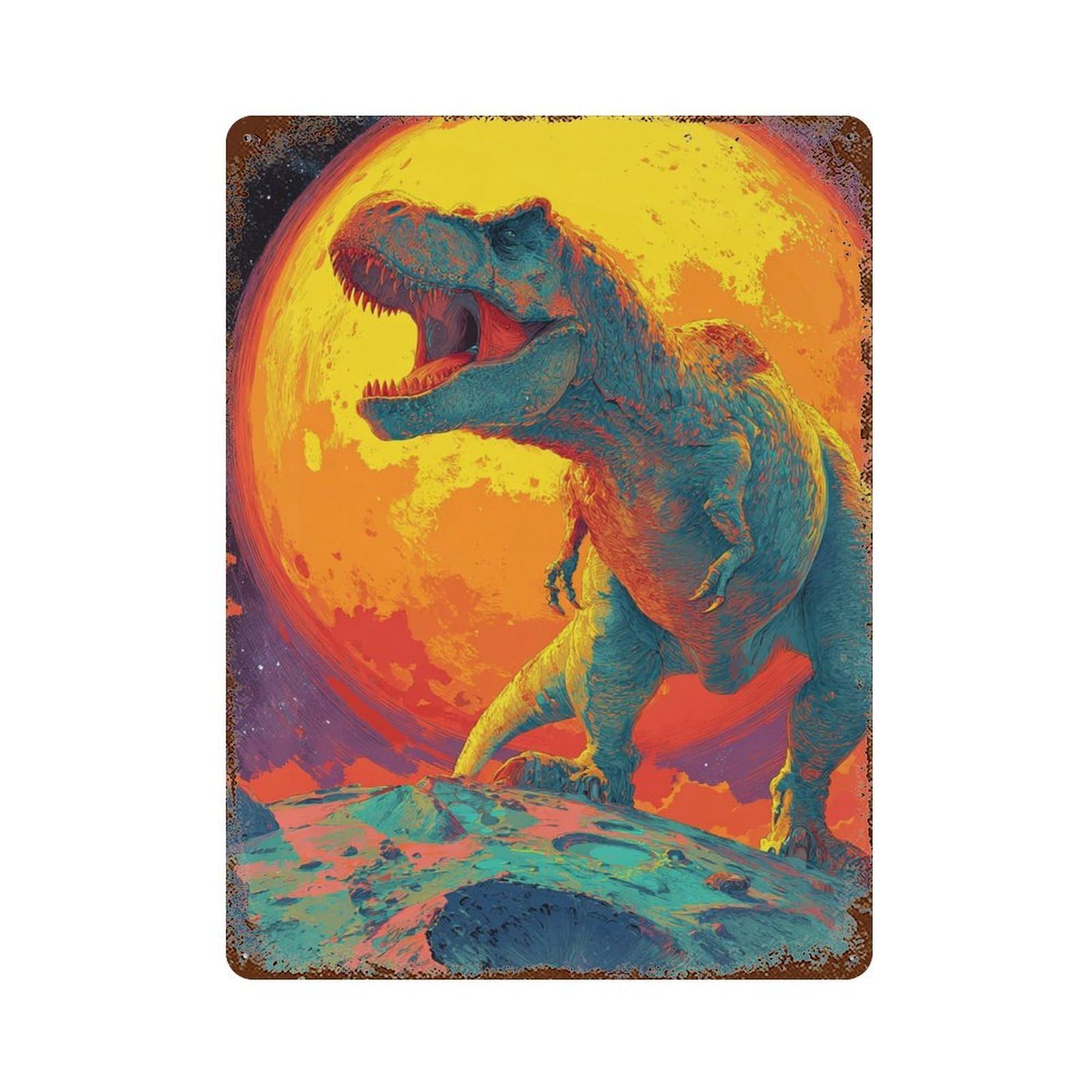 Vintage Metal Tin Sign Dinosaur on Planet 15.7"x11.8", Classic Wall Plaque for Pub, Kitchen And Man Cave Decor