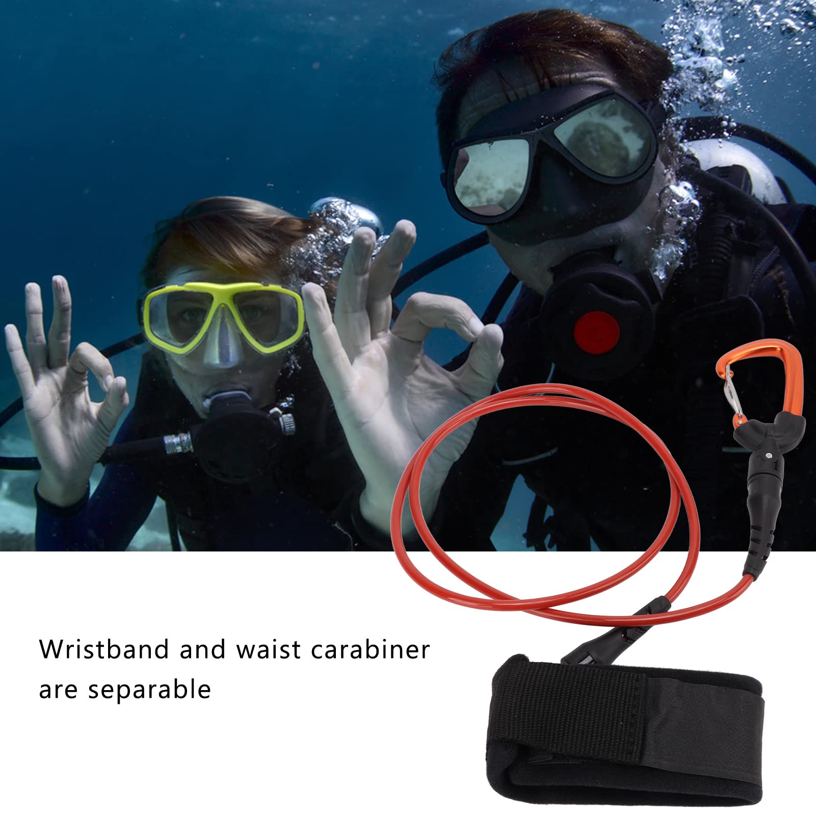 Laisse de Longe d'apnée, câble de Corde de sécurité de plongée en Acier Inoxydable, Longe de sécurité d'apnée Multifonction avec Mousqueton de Bracelet pour Les Sports