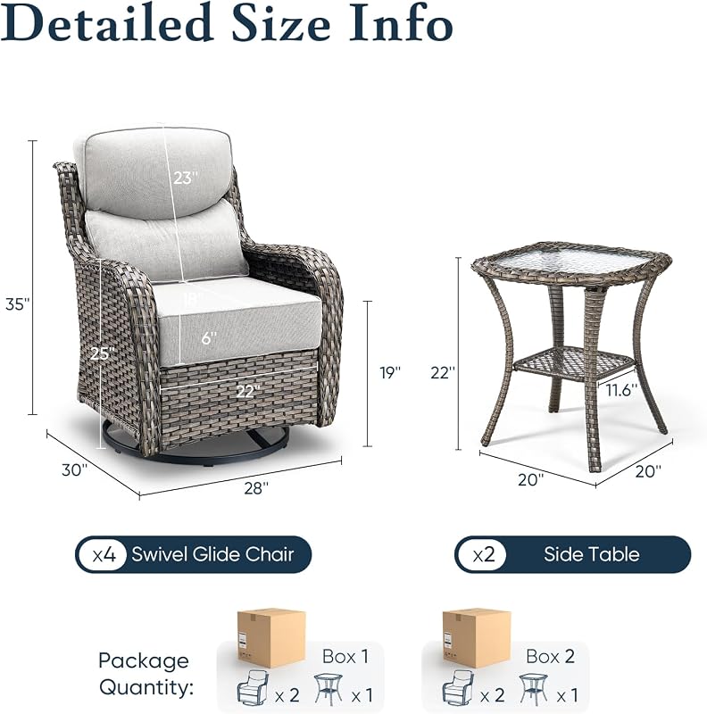 Belord Luxury 6" Thick Cushioned Outdoor Swivel Rocker Patio Chairs Set of 4 with Side Table, High Back Wicker Furniture Set with Ergonomic Zone Back, Conversation Set for Deck Porch - Grey+Beige image 2