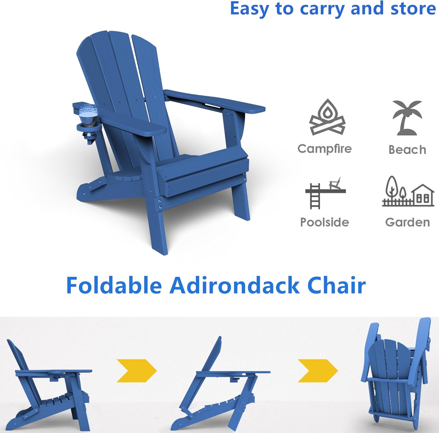 GLANC Folding Adirondack Chair Set of 2, HDPE All-Weather Outdoor Patio Fire Pit Chairs Lawn Chair for Poolside Backyard Deck Balcony, Wooden Textured with Cup Holder, 380LBS Capacity (Navy Blue)