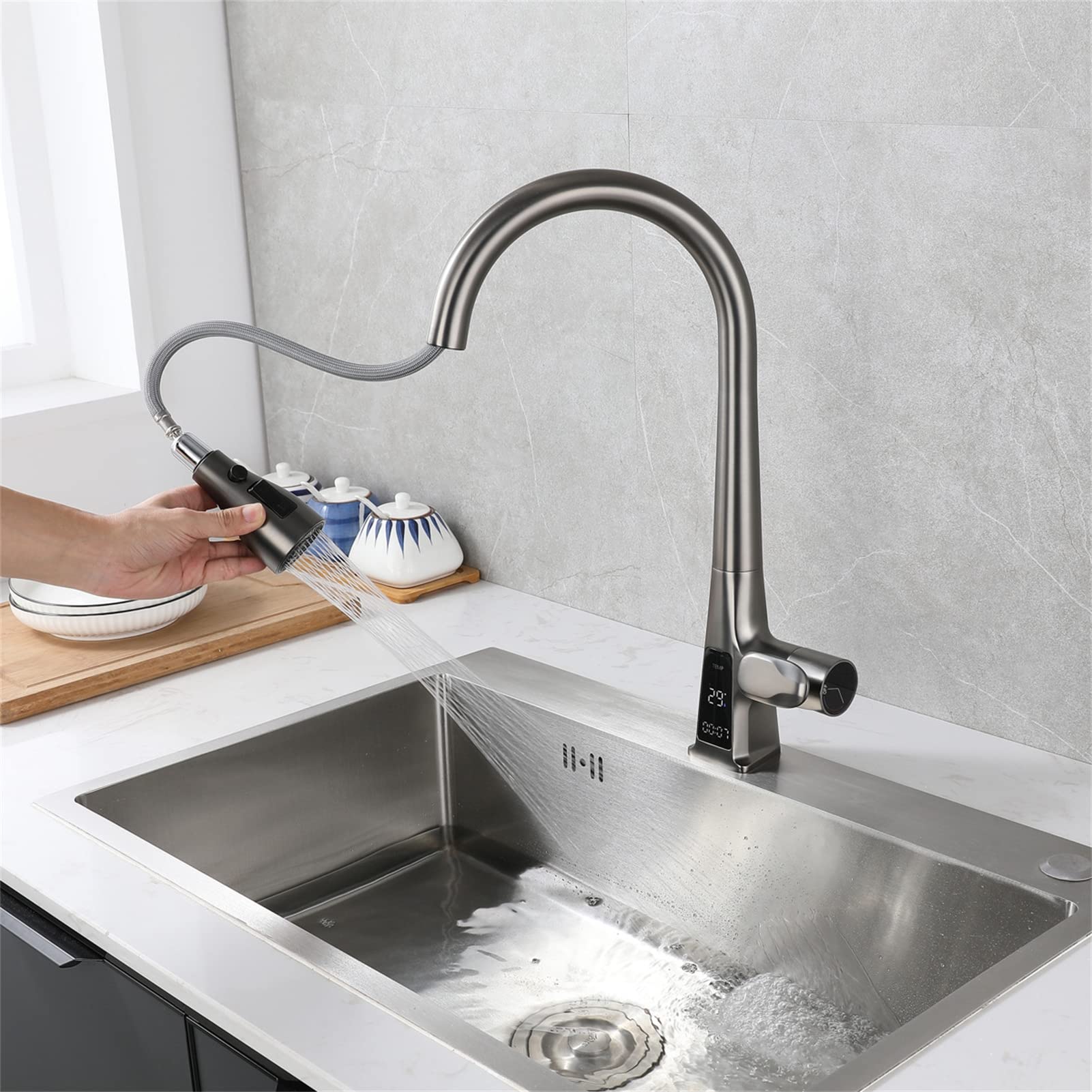 Grifo de Cocina extraíble, Monomando, función Dual, con Sensor de Agua fría y Caliente, telescópico, Mezclador para Fregadero de Cocina