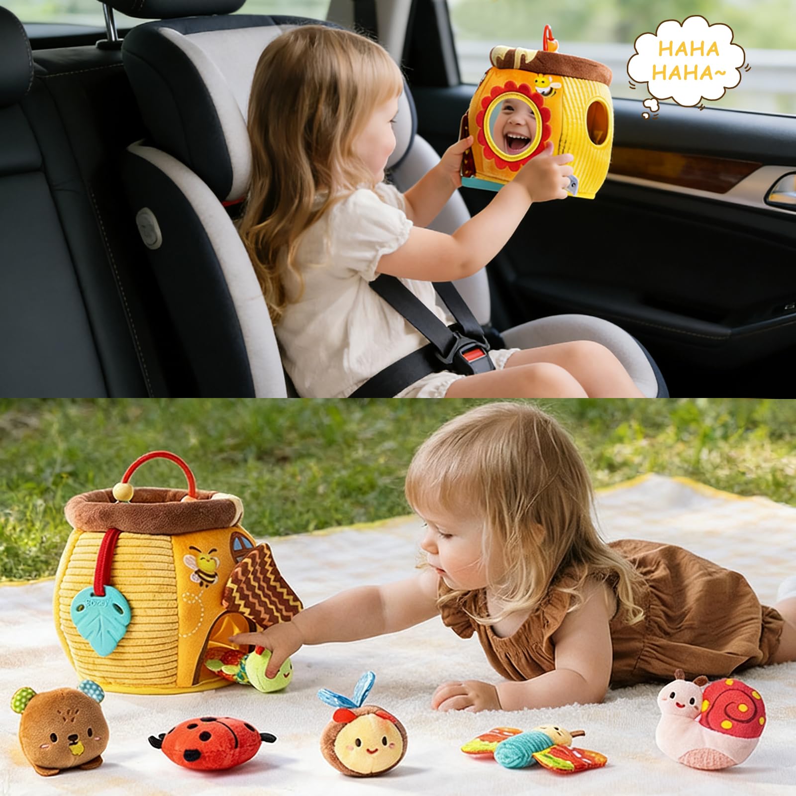 Bambini Giochi Montessori 1 Anno - Casa Delle Api in Peluche con 6 Insetti Neonato, Giochi Sensoriali per Neonati con Specchio, Sonaglio, Giochi Dentizione, Regalo 6 9 12 18 Mesi Bimbo Bimba