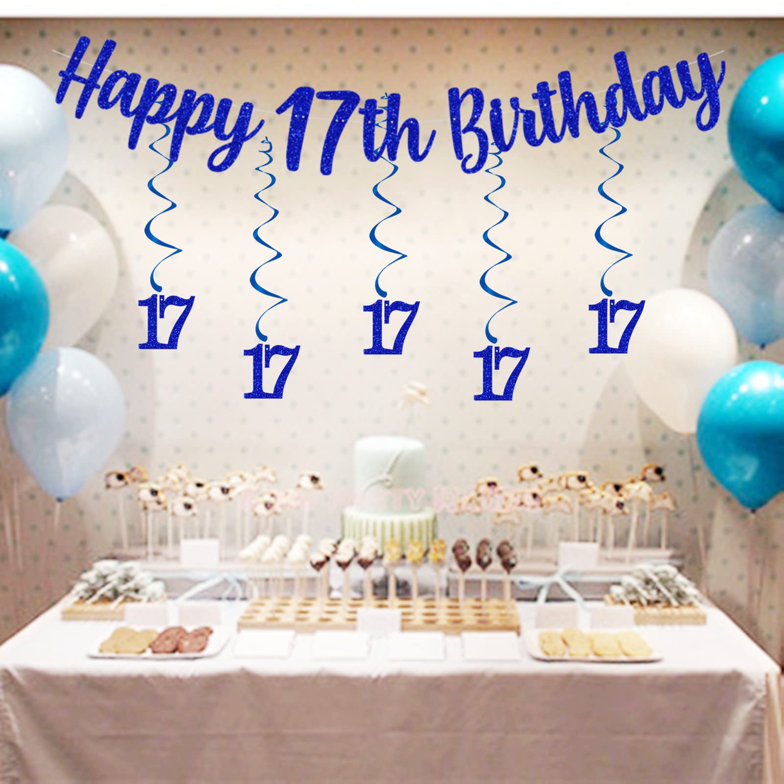 Geburtstagsdeko Für Den 17. - Blaues Banner & 5 Wirbel Mit 'Happy 17th Birthday' - Für Jungen