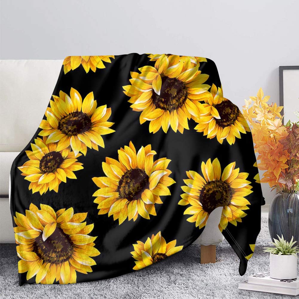 SEANATIVE Sunflowers Print Black Blanket Throw Lightweight Super Soft Cozy Luxury Bed Blanket Microfiber Warm Flannel-L