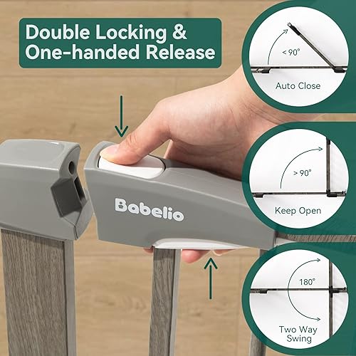 Miniatura 5 de Babelio Puerta de metal para bebé de 26 a 40 pulgadas con patrón de madera fácil instalación puerta de perro montada a presión sin taladrar no