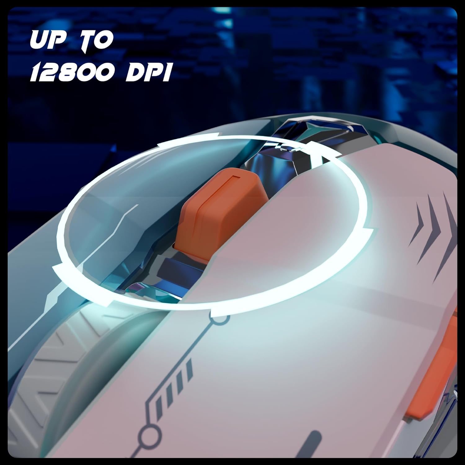 Image illustrating the DPI switch and its function, indicating up to 12800 DPI