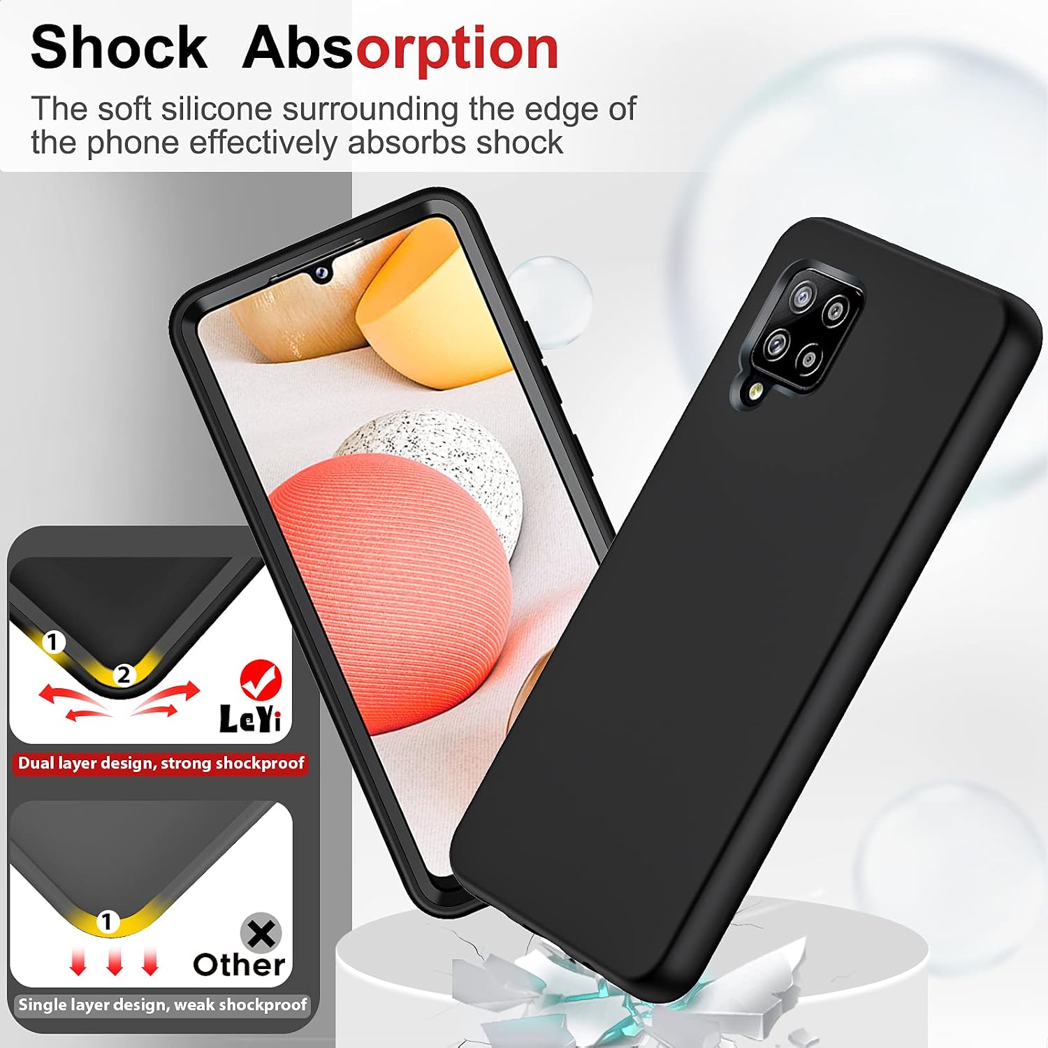 LeYi for Galaxy A42 5G Case, Samsung Galaxy A42 5G Case with [2 x Tempered Glass Screen Protector], Full-Body Shockproof Soft Liquid Silicone Hybrid Protective Phone Case for Galaxy A42, Black