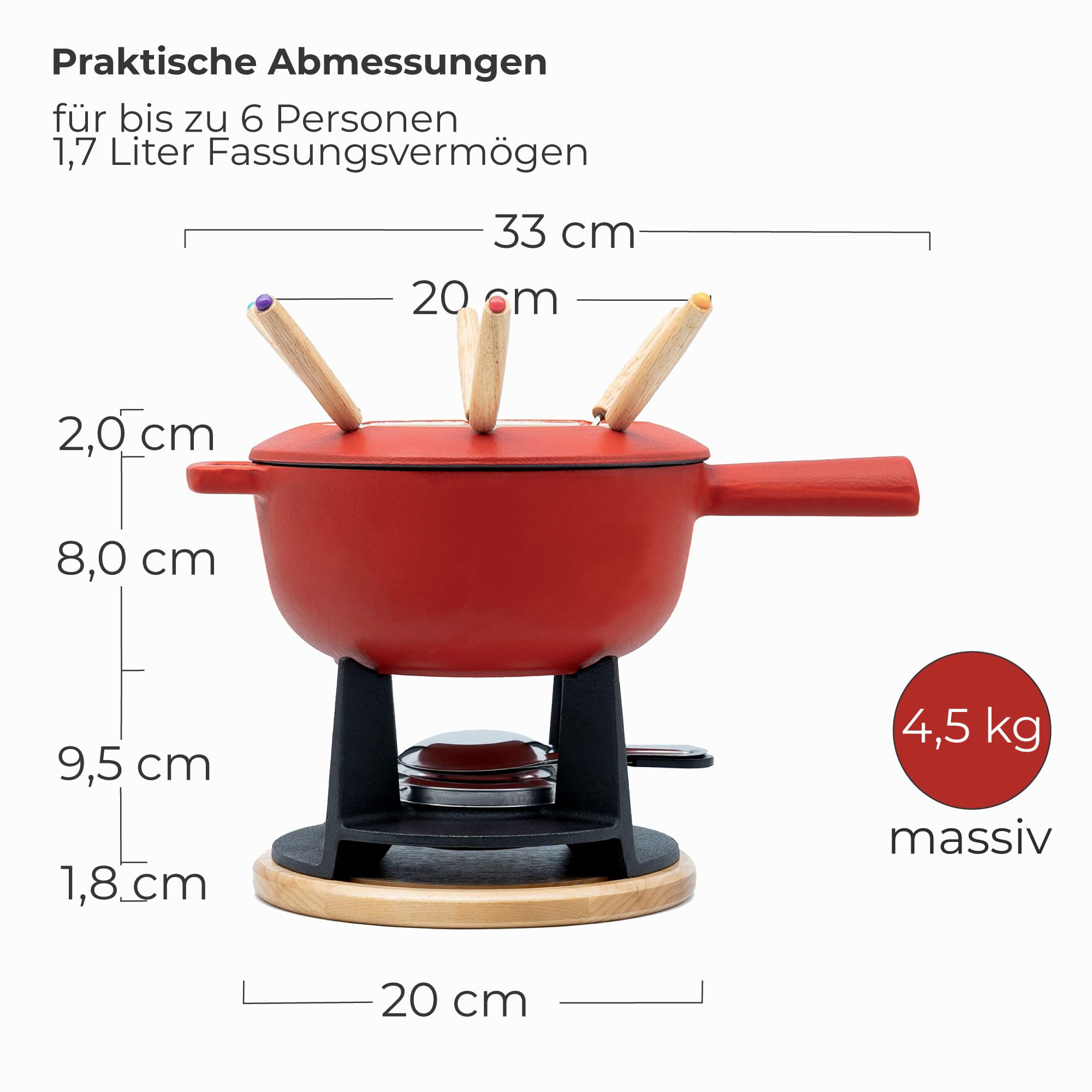 osoltus Fondue | Käsefondue | Fleischfondue Set Gusseisen 6 Personen Emaille | 13 TLG. inklusive Holzbrett und Fonduegabeln (rot matt)