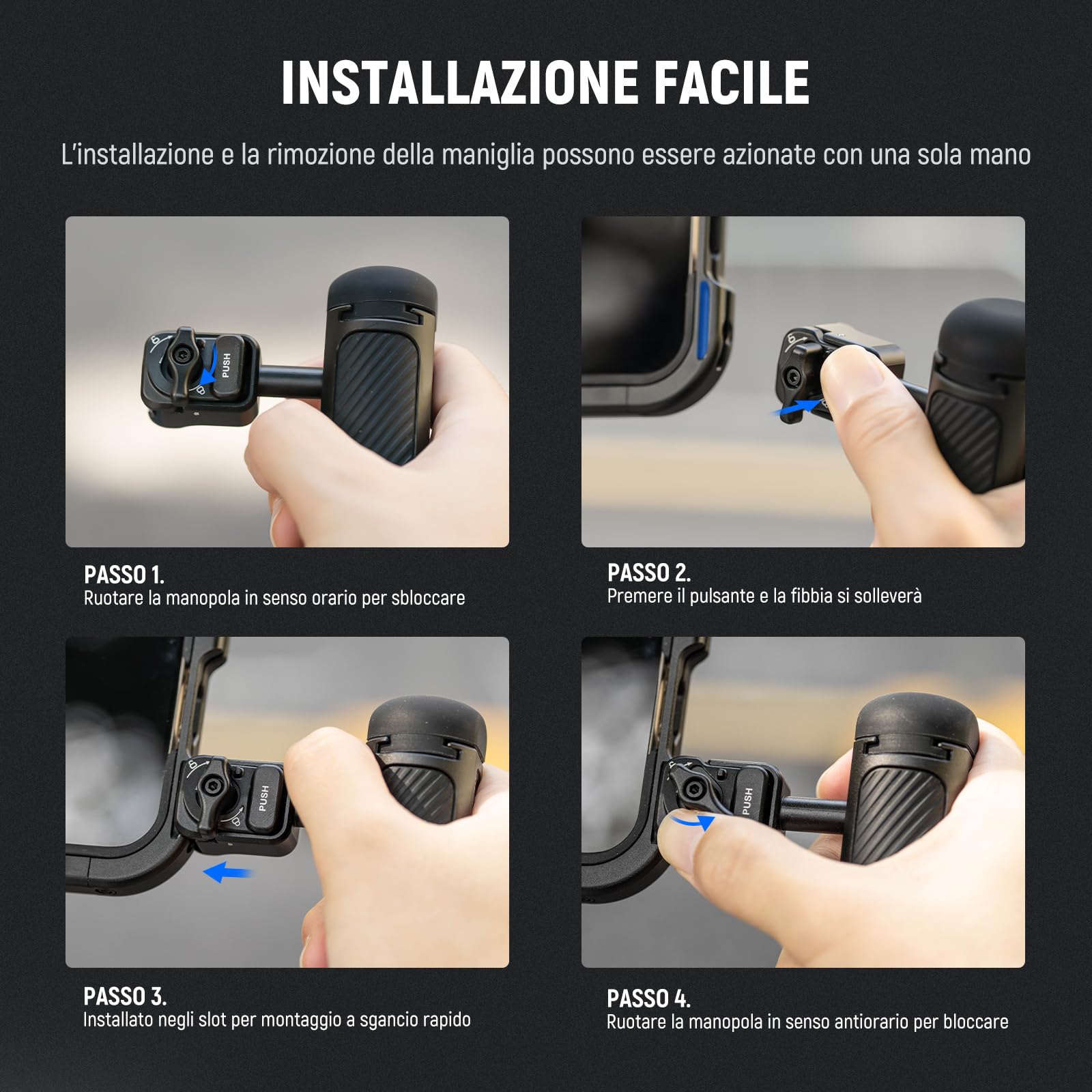 NEEWER Maniglia Laterale a Sgancio Rapido per Gabbia Telefono PA073 PA074 per iPhone 16 Pro/16 Pro Max, PA042 per Samsung S24 Ultra, con Cold Shoe Coperta, Perno Anti Caduta, Blocco Nero, PA045B