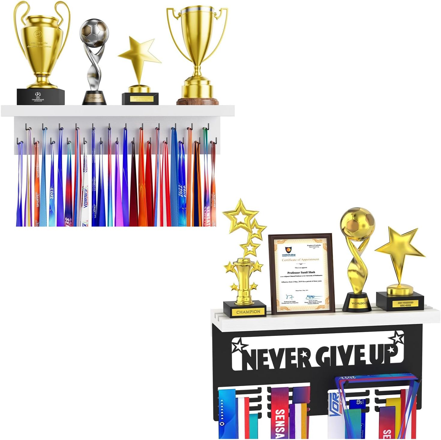 Medal Hanger Display 2 Pack, Wooden White Trophy Shelf for Wall with 25 Steel Black Hooks and Race Awards Rack with 2 bid Holder, Storage Stand for Sports Fans, Easy Install, Exhibits Milestones