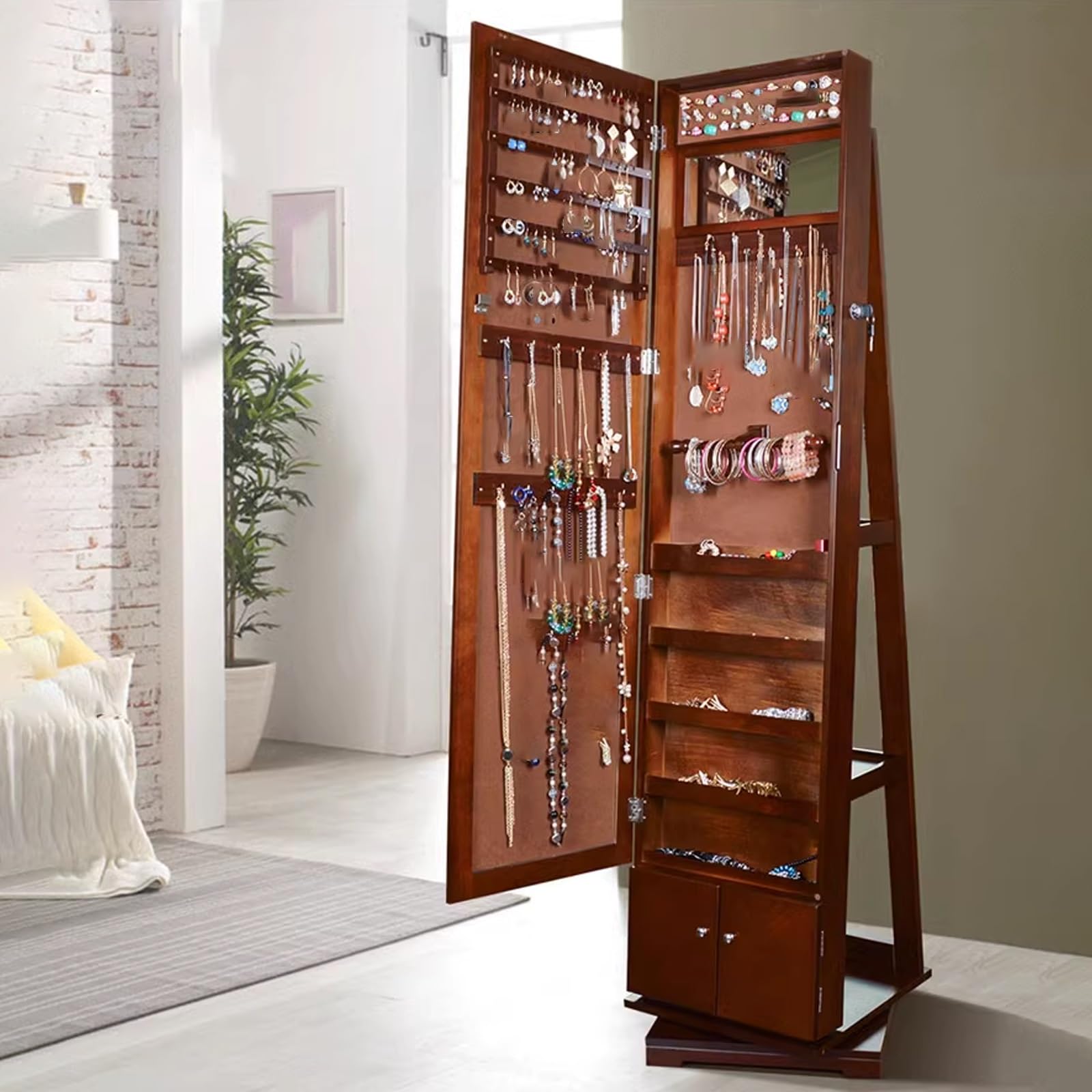 TBLOTYD Jewelry Cabinet with Full-Length Mirror, Jewelry Cabinet Standing, Mirror with Storage, Lockable Storage, 360° Swivel,