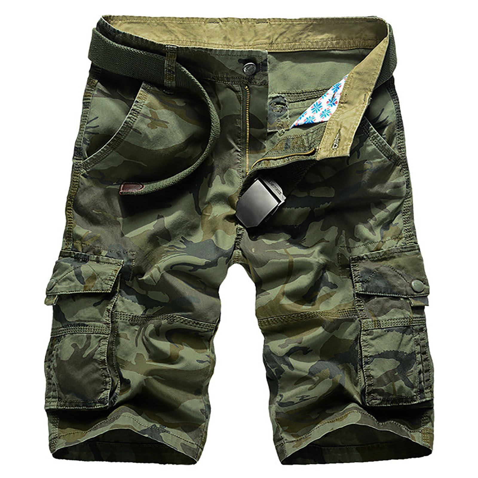 KINROCO Mens Cargo Shorts Multi-Pockets Cotton Hiking Walking Beach Shorts Breathable Summer(Size:29W,Color:Green Camo)