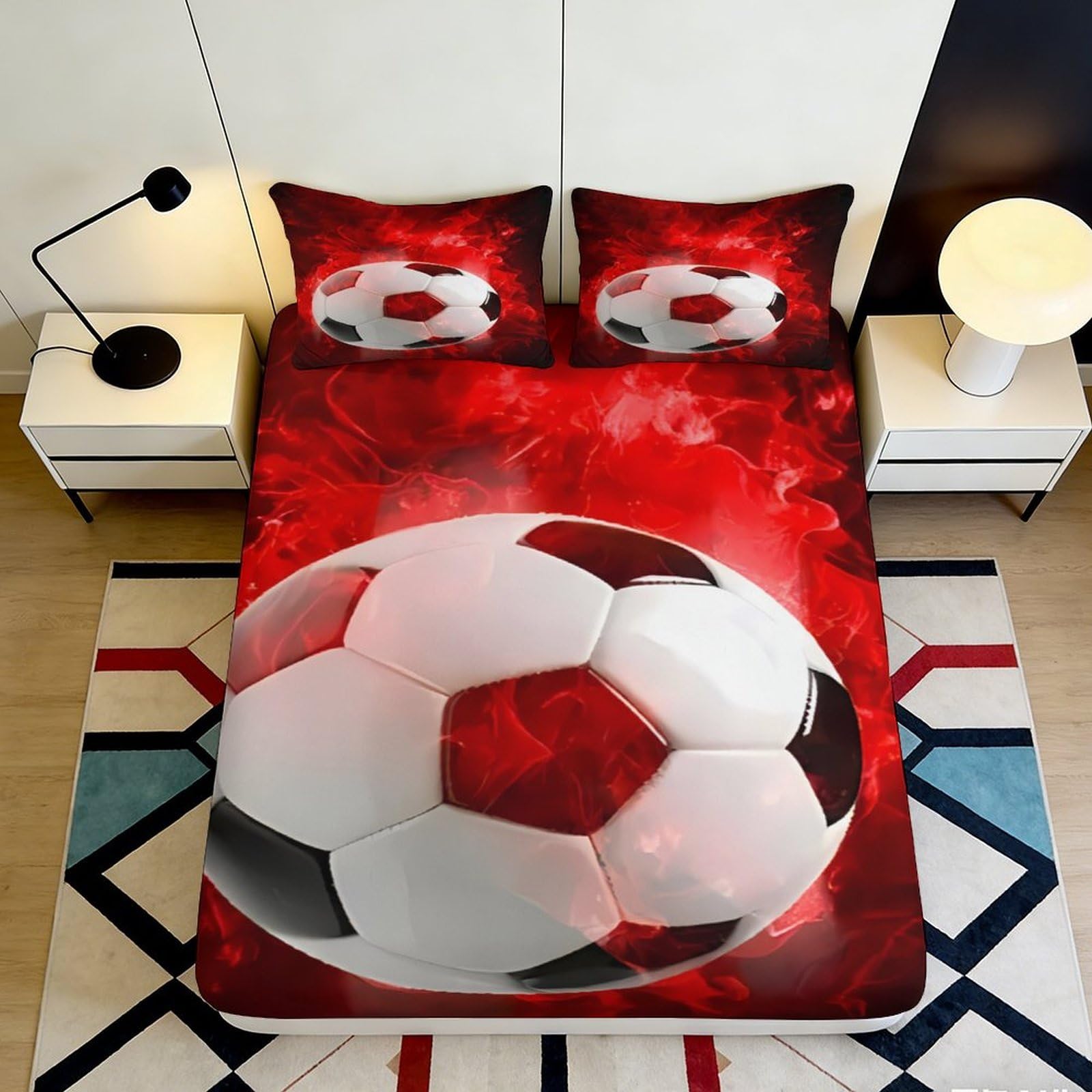 3D Printed Soccer Fire Fitted Sheet Microfiber Red Flame Bed Cover for Bedroom Dorm Mattress Protection Decor 90x200x25cm