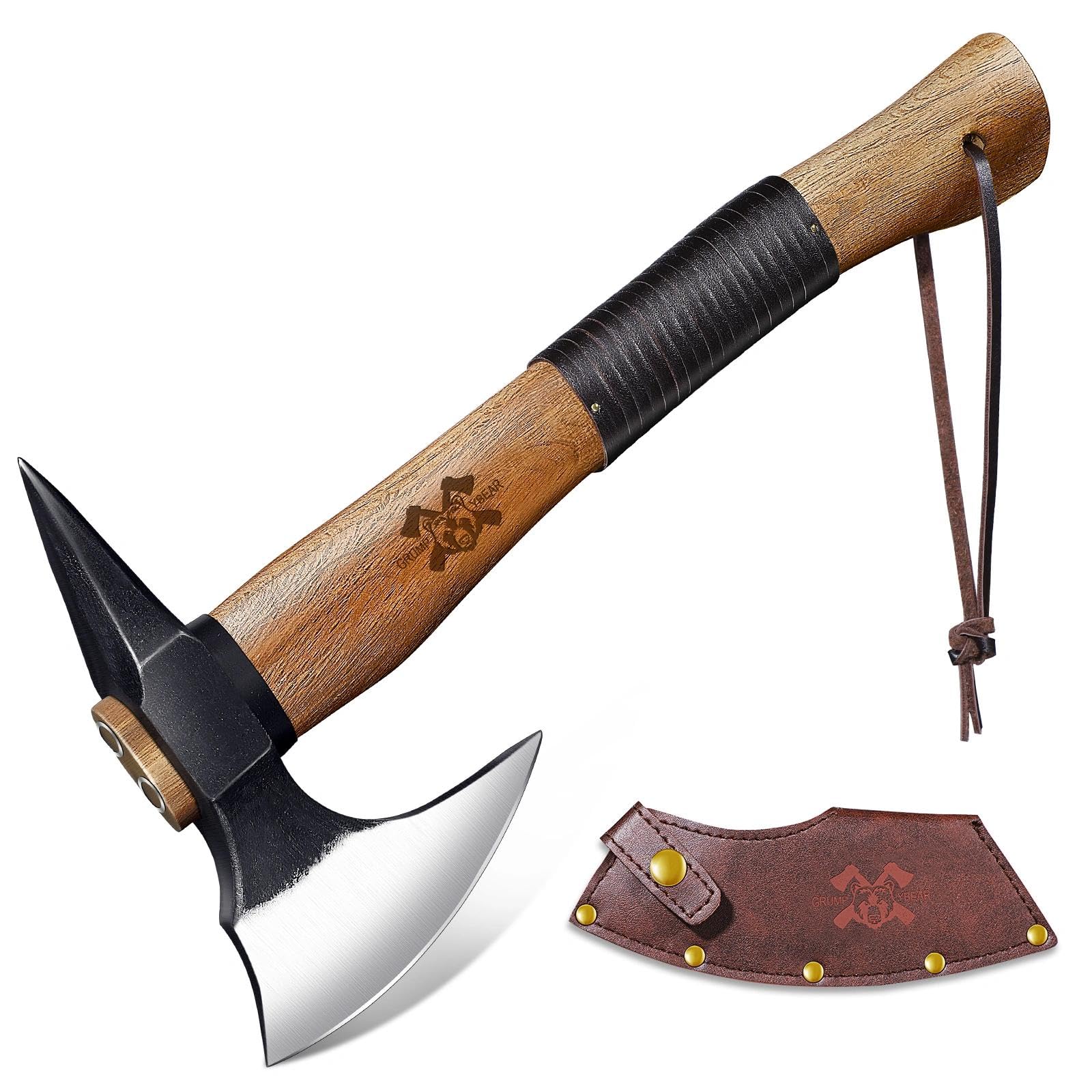 Beil Outdoor Holz Spalten Handgeschmiedet Handbeil mit Kuhfuß,Bushcraft Axt mit Holzgriff und Lederscheide,Camping Axt Geschenk für Männer Long