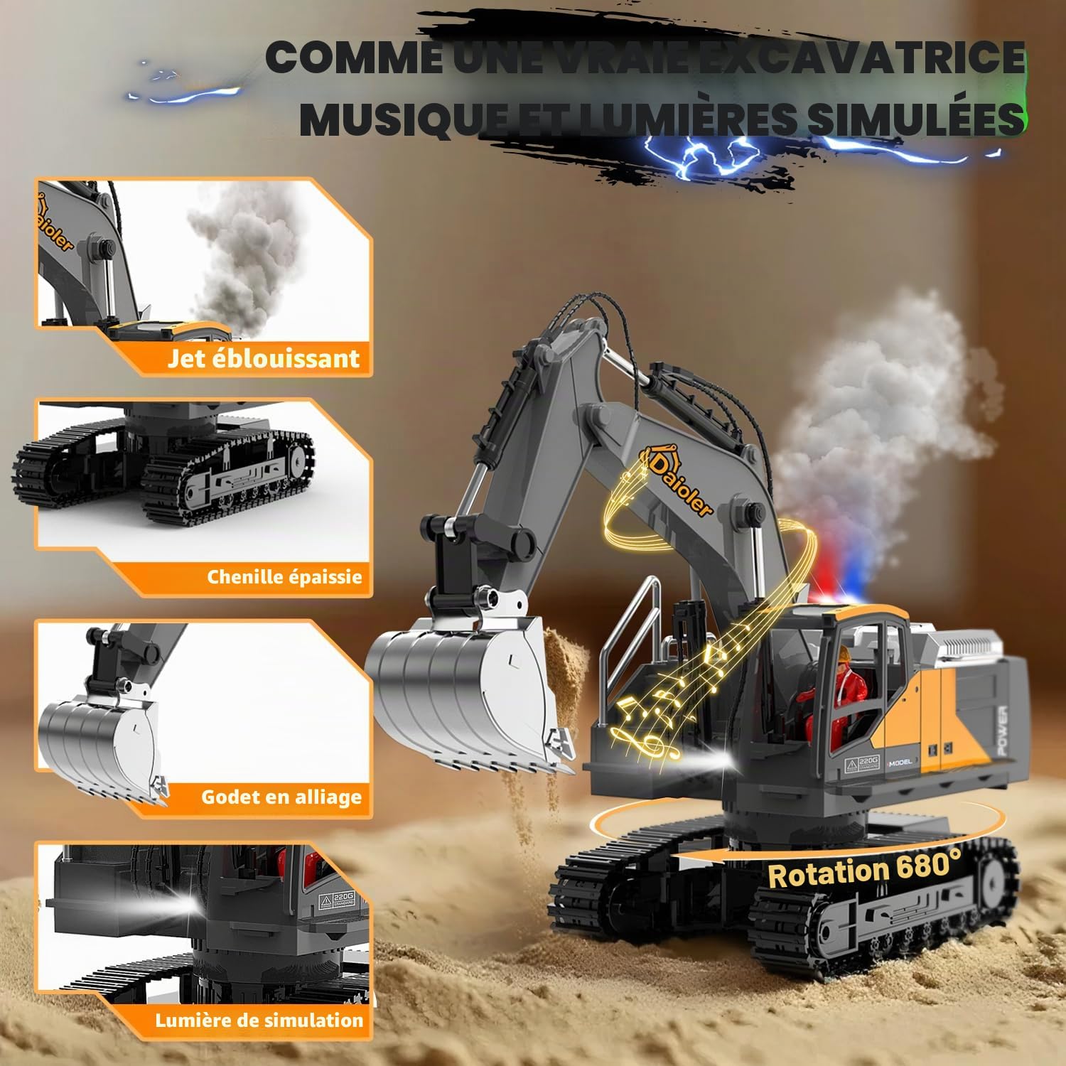 Pelleuse RC Jouet Véhicule de Construction pour Enfants 3-12, Voiture Télécommandée avec Pulvérisateur, Pelle en Métal / 3×Batterie / Rotation à 680°/Éclairage, Pelle Hydraulique pour