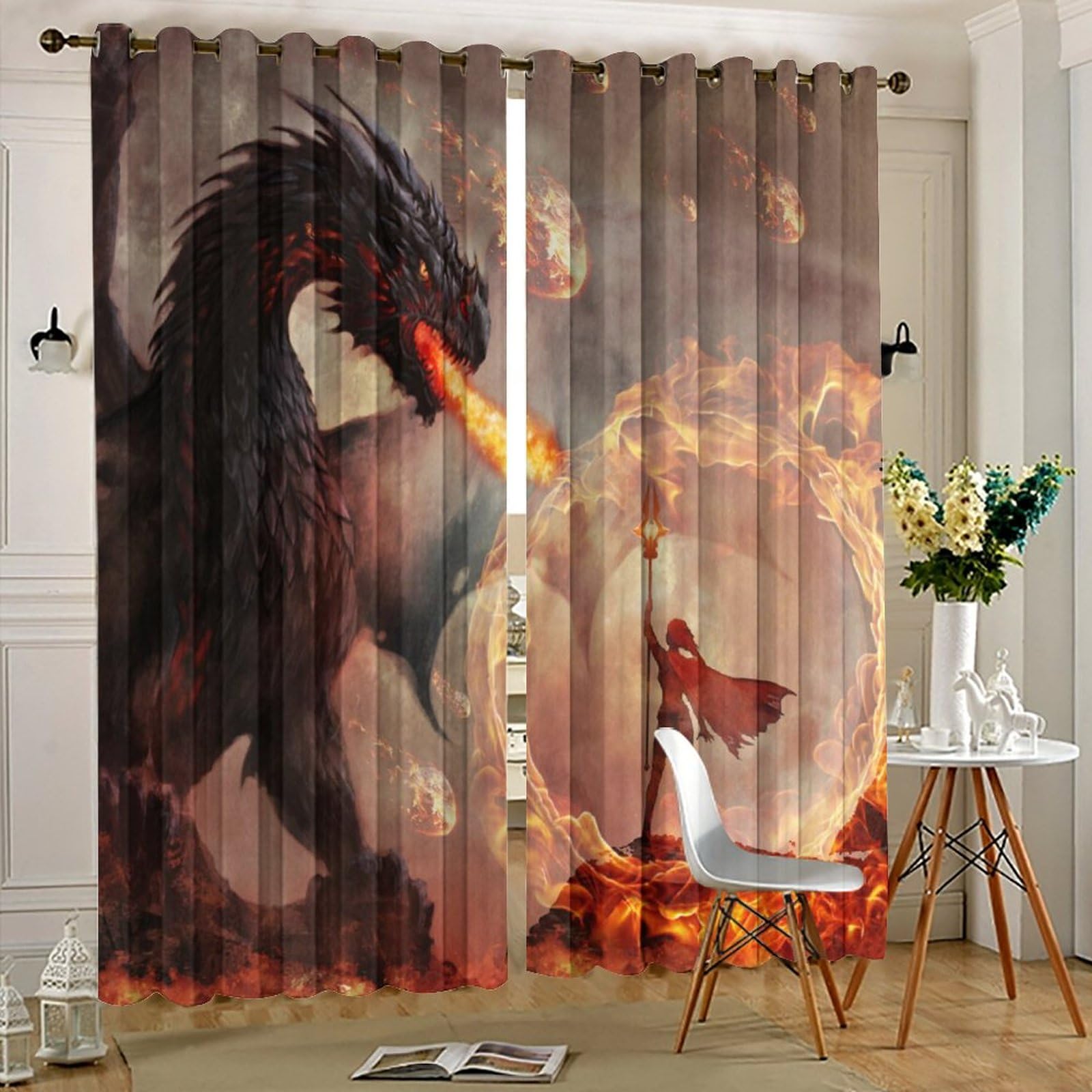 Medieval Dragon Blackout Curtains – Fantasy Oil Painting Print Window Drapes, 2 Panels (21"x45")
