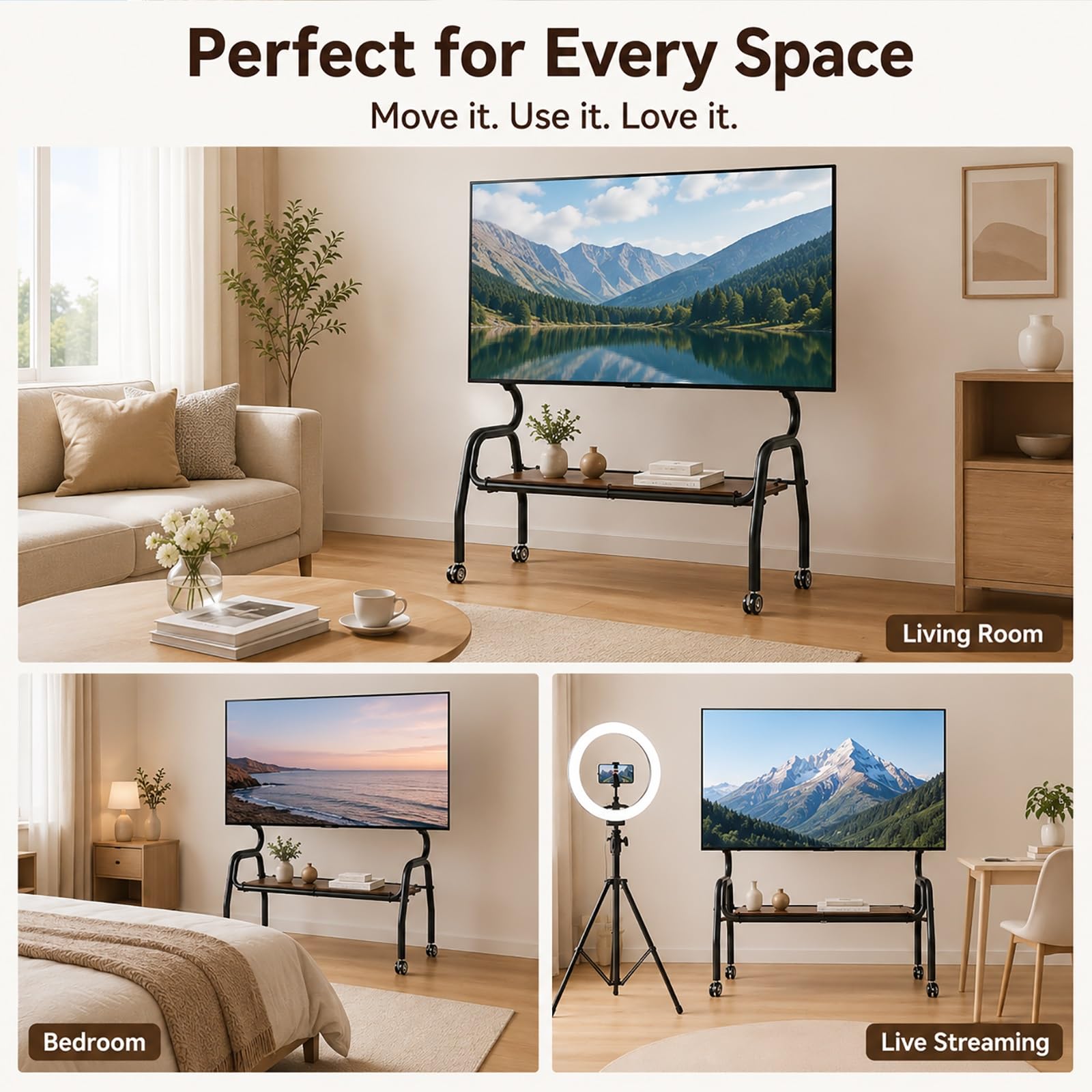 Supporto TV Mobile da Pavimento per TV da 32–75 Pollici, Carrello TV con Ruote | Acciaio al Carbonio, Mensola Portaoggetti Autoportante con Ruote Bloccabili(White,120x35x120cm)