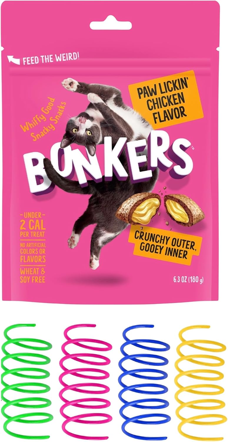 Bonkers Cat Treats, Paw Lickin' Chicken Flavor, Crunchy Outer Gooey Inner, Wheat and Soy Free, 6.3 oz Bag with Colorful Spring Cat Toys, Under 2 Calories per Treat