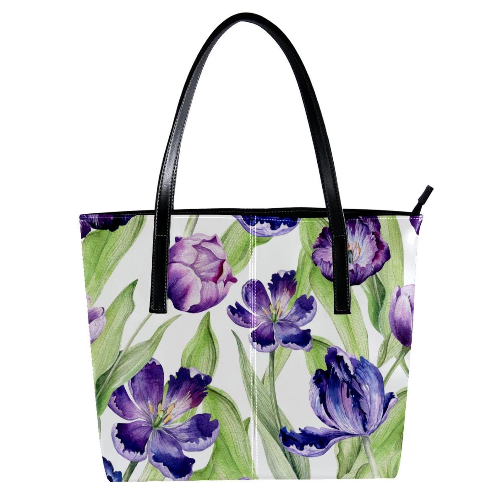 Bolso de mano personalizado de piel sintética con patrón de flores de tulipán púrpura, Varios colores