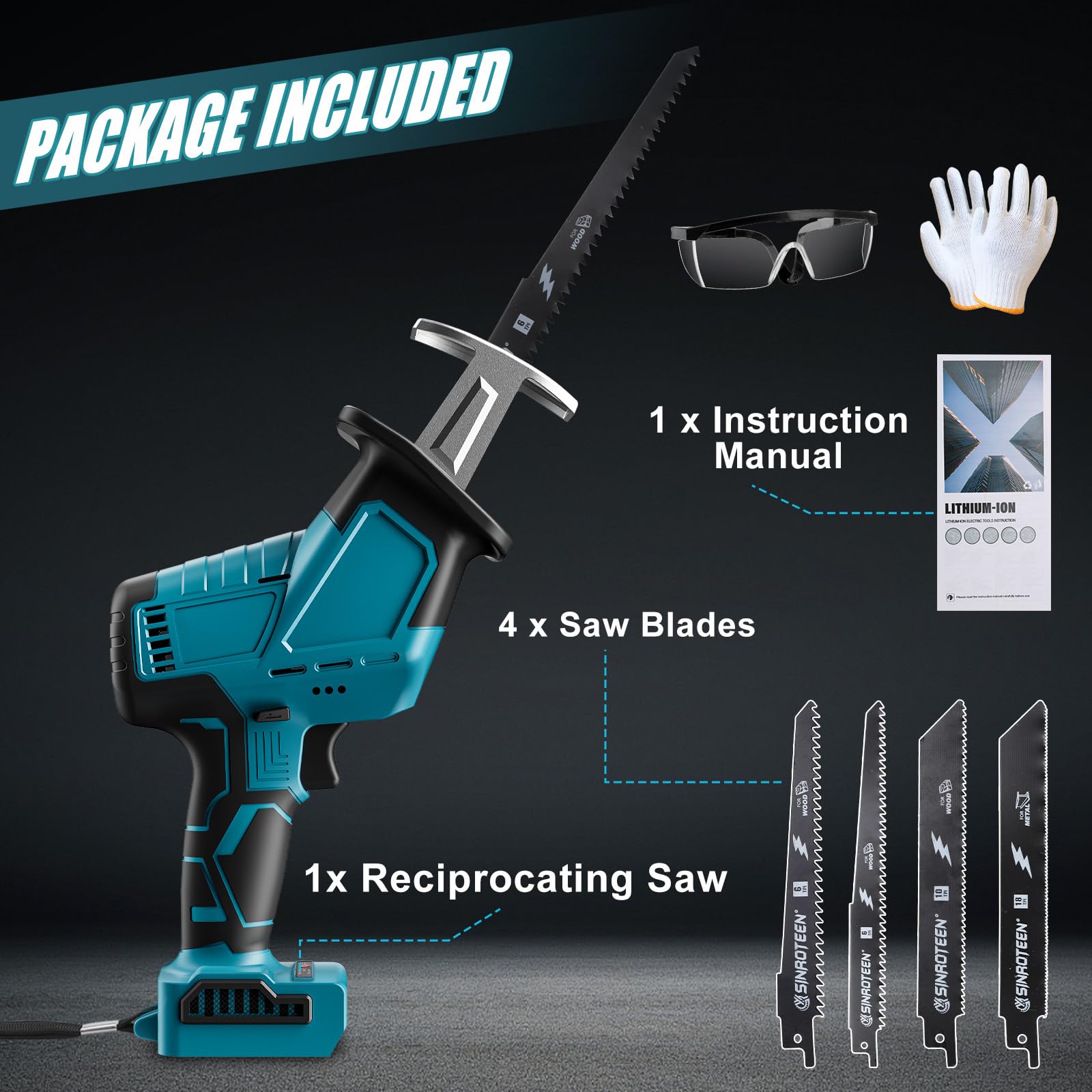 Accu reciprozaag voor Makita 18V accu's, borstelloze motor, elektrische reciprozaag met 4 reciprozaagbladen, draadloze draagbare accu-reciprozaag zaag voor pvc, metalen buis, hout (zonder batterijen