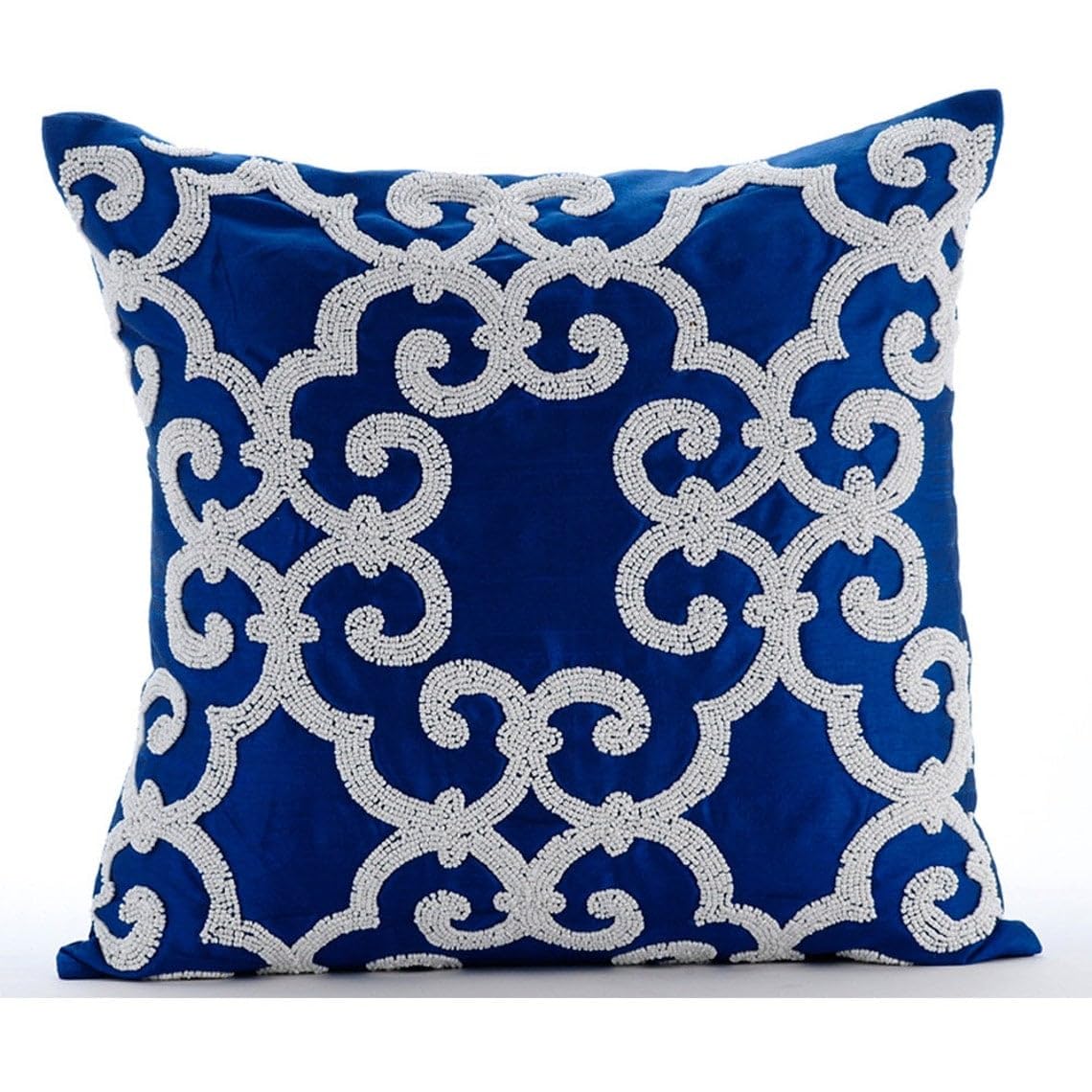 The HomeCentric Blue Euro Shams Covers, Pack of 2, 65x65 cm (26"x26") Euro Cushion, Arabic Pattern Beaded Euro Cushion Shams, Silk Euro Shams, Floral Contemporary Euro Shams, Modern - Royal Arabic โ image 1