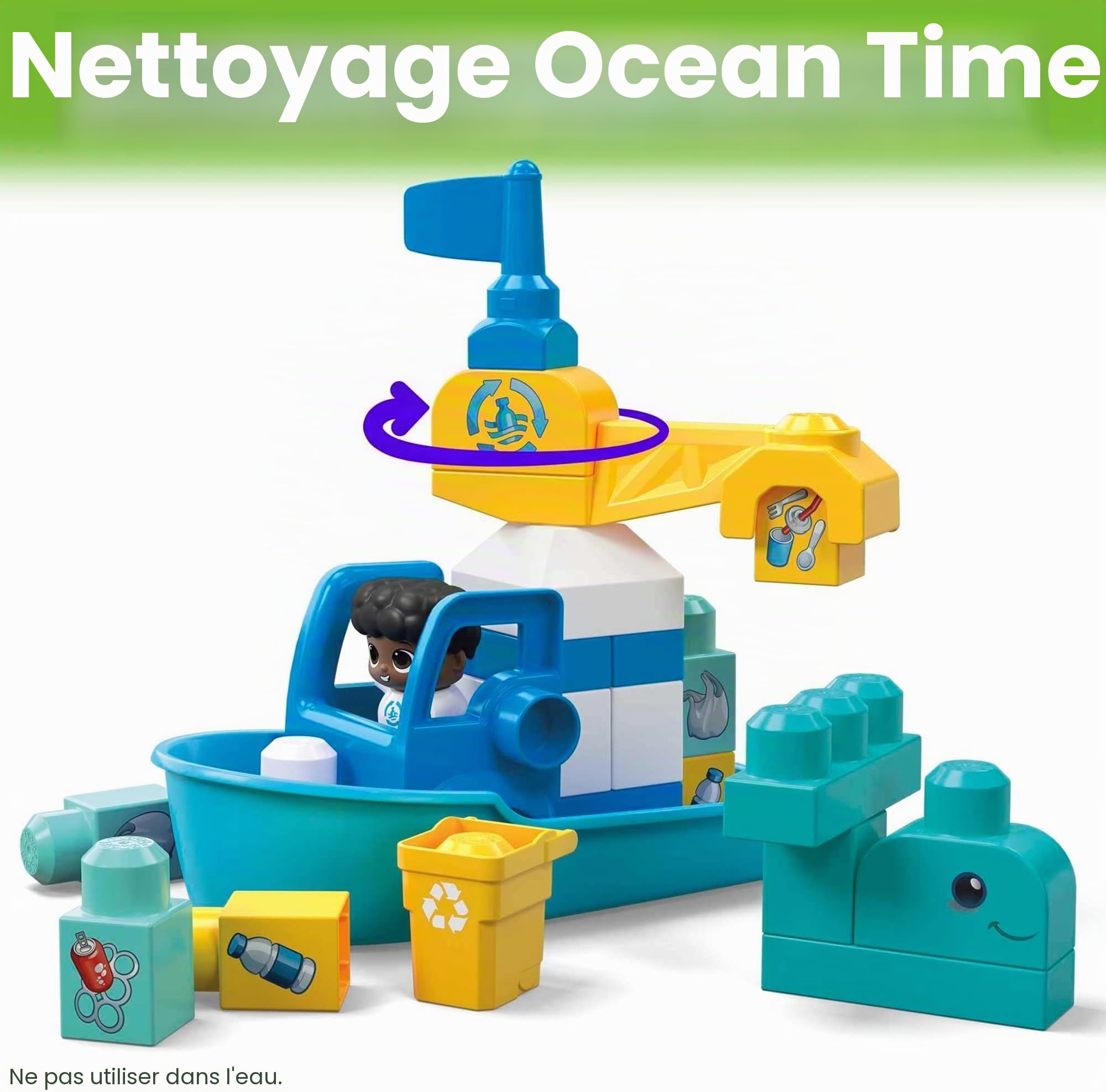 MEGA Bloks Coffret Construction Fisher Price Ville Verte Nettoyage De L’Océan, avec 70 Gros Blocs Et Blocs De Formes Spéciales, 1 Bateau Et 1 Camion À Benne, Jouet Enfant, Dès 1 an, HPB49