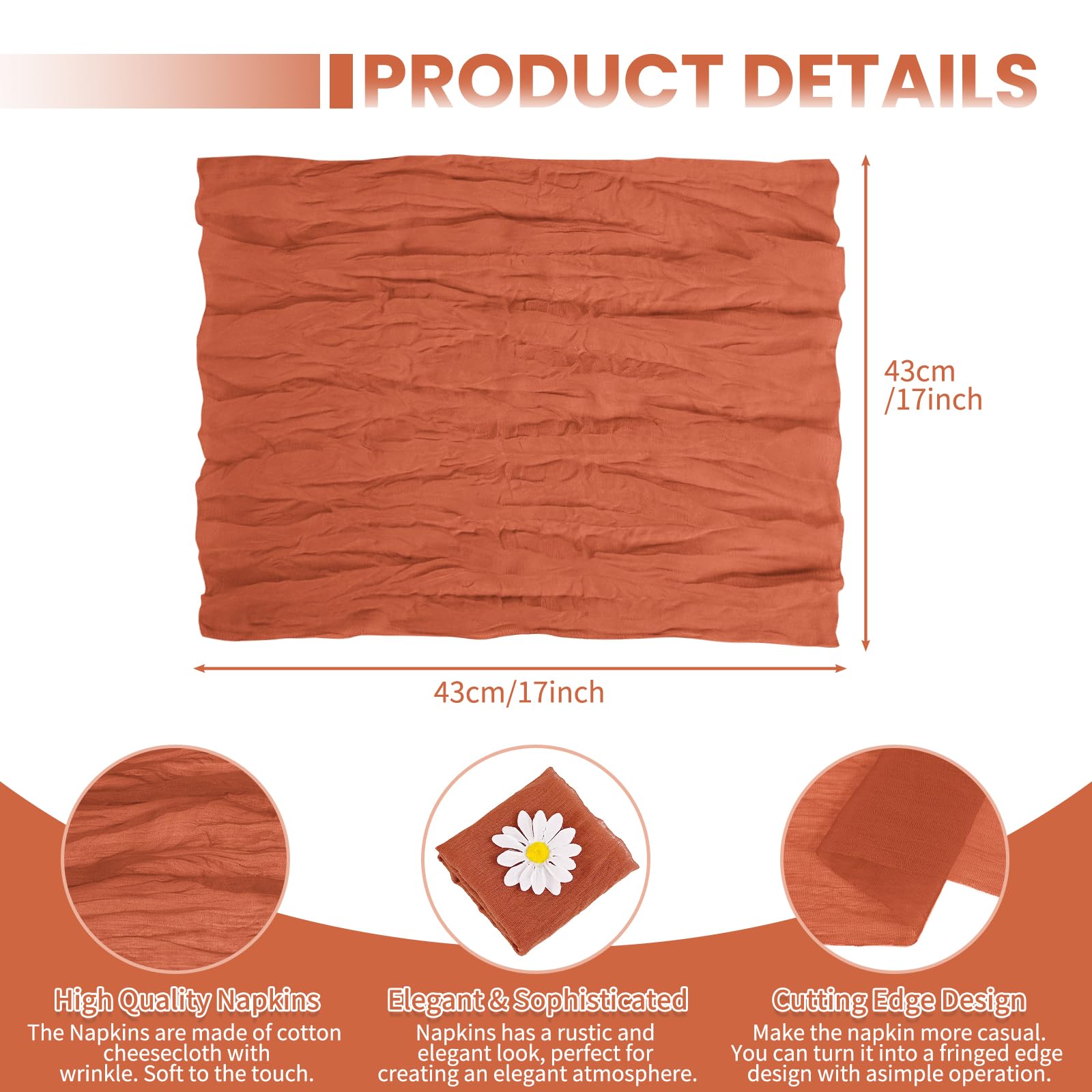 100 Paquets de Serviettes en Tulle de Fromage 43 x 43 cm - Serviettes de Table en Tissu de Coton Doux et Ridé - Serviettes Décoratives Rustiques pour Mariages, Fêtes, Baby Shower, Maison (Terracotta)