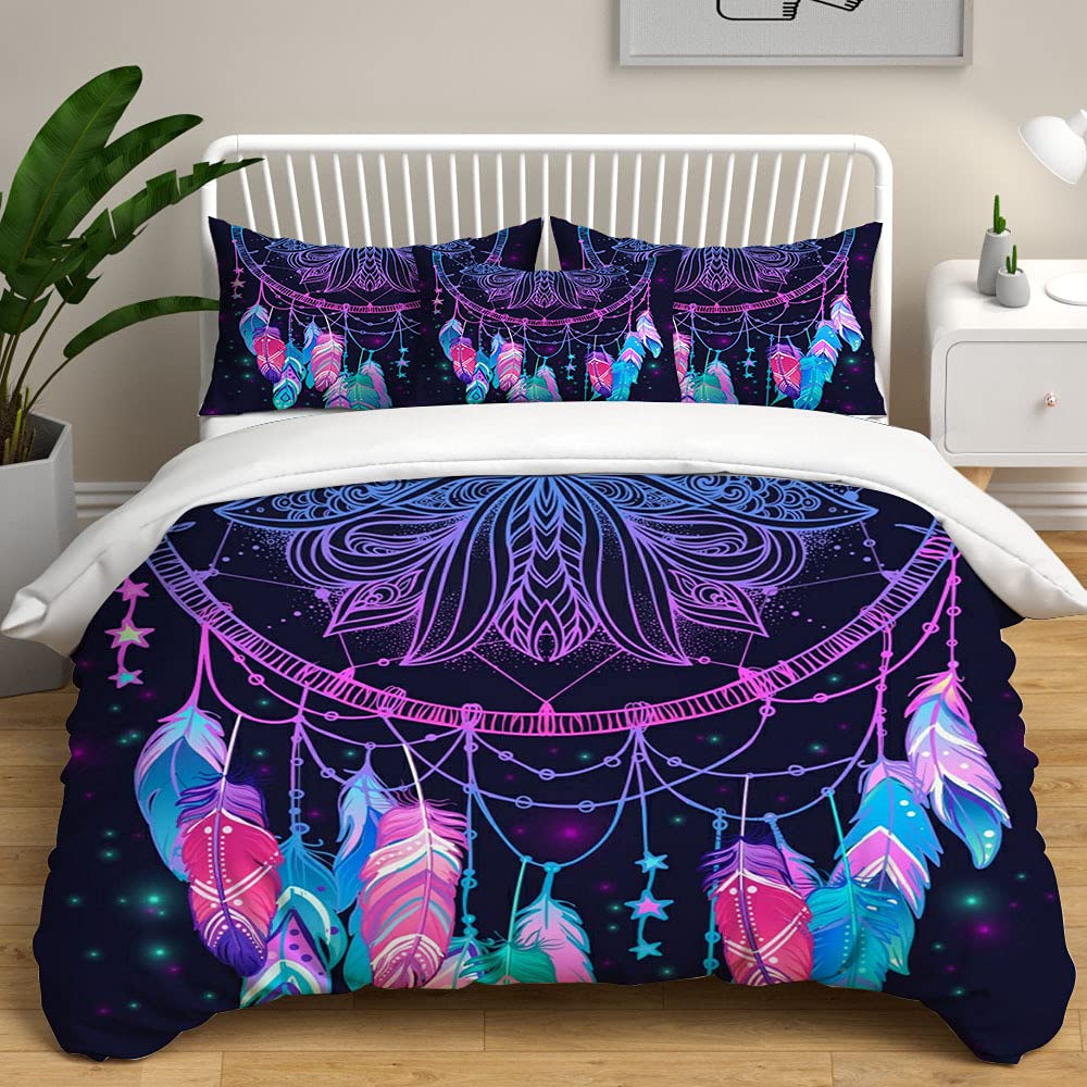 Treer-Shop Sparkling 3D Duvet Cover Sets Pillowcases 3Pcs Polyester, Treer Single Double Super King Size Bedding, 3D Dream Catcher Printed Bed Set - Quilt Cover Witn Zips And 2* Pillow Case (,220X240cm)