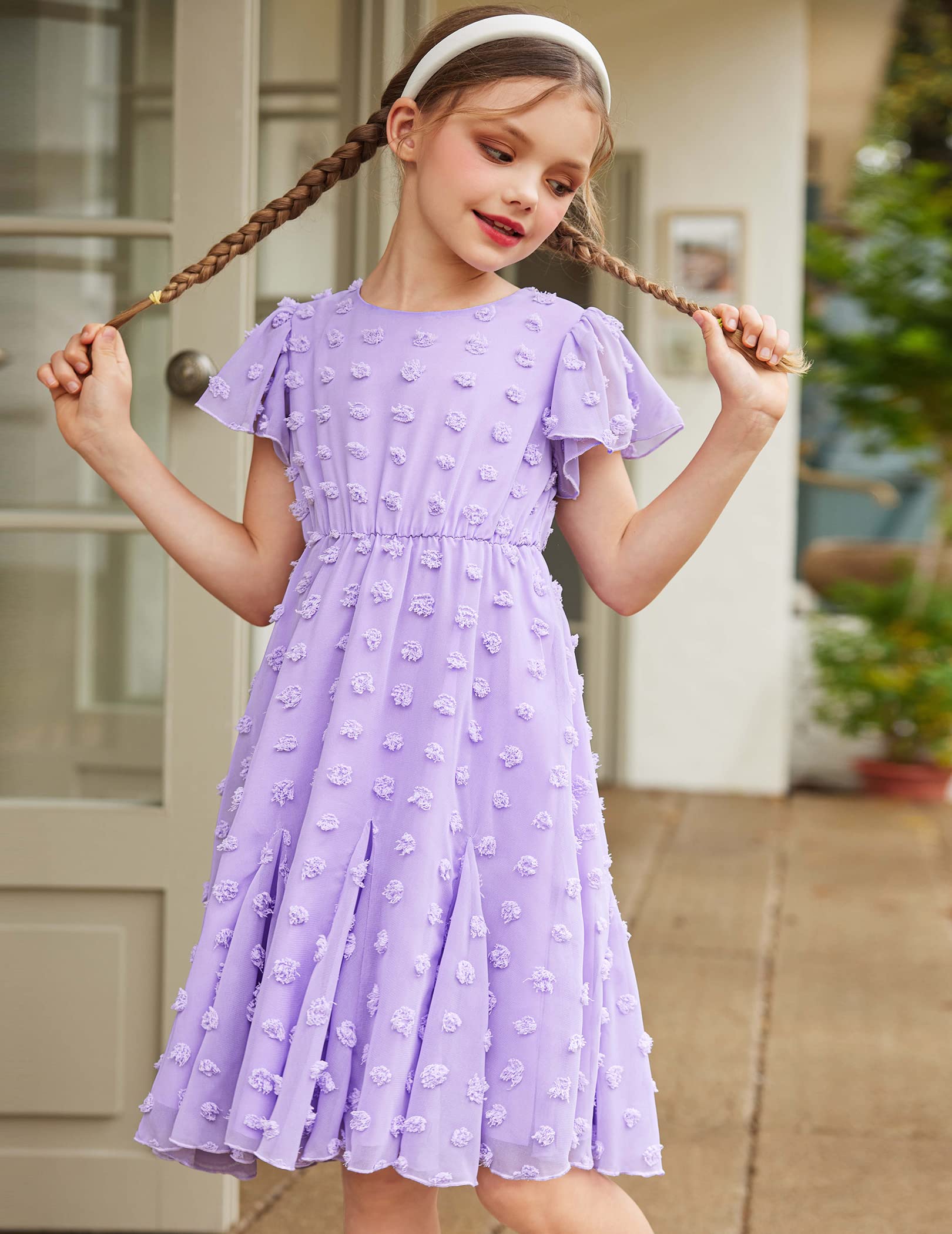 Flypigs Abiti da Bambina a Maniche Corte Abito da Principessa per Ragazza A-Line Elegante Abito da Sposa per Feste Tinta Unita Completi Scolastici Abbigliamento per Bambine 3-12 Anni