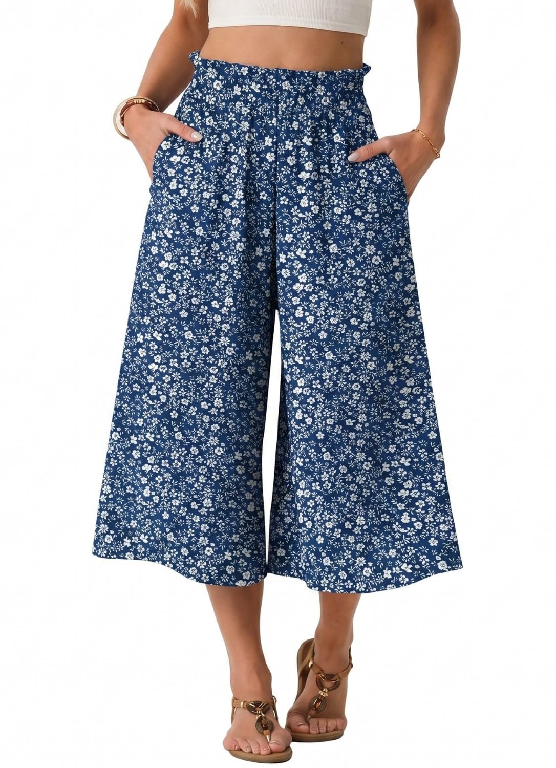 PrinStory Pantaloni estivi da donna, leggeri, a vita alta, casual, palazzo, a gamba larga, con tasche