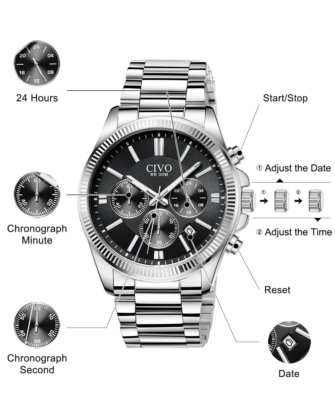 CIVO Montre Homme Chronographe Acier: Etanche Analogique Grand Cadran Date | Montre Bracelet avec Aiguilles Lumineuses pour le Quotidien Casual Affaires - Cadeau pour Lui Père Mari Noël Anniversaire