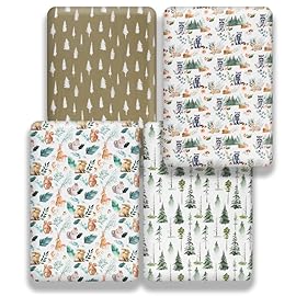 4 Pack Woodland Forest Animals Wood Neutral Unisex Fitted Baby Crib Sheets Set for Baby Boys or Girls (Raccoon, 52 * 28)