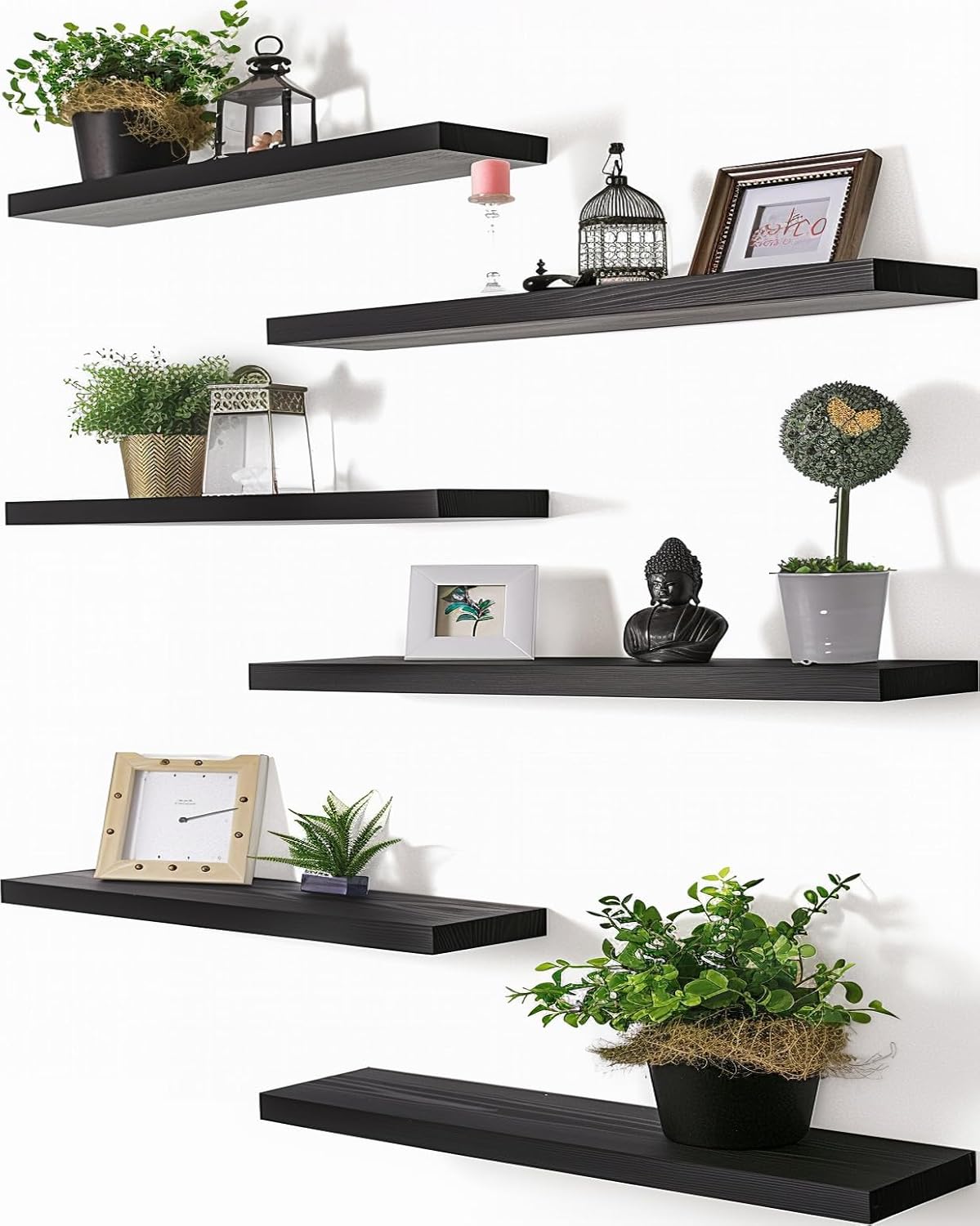 PHPH 24 Inch Wood Floating Shelves for Wall, Wooden Wall Shelves for Bedroom, Set of 6 Black Black 24in