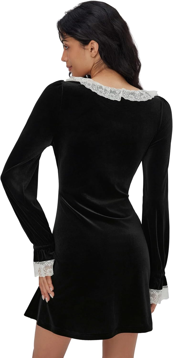 CIDER Mini Dress Long Sleeve Lace Trim Bow Tie Collar Cute Casual Dress - Image 5