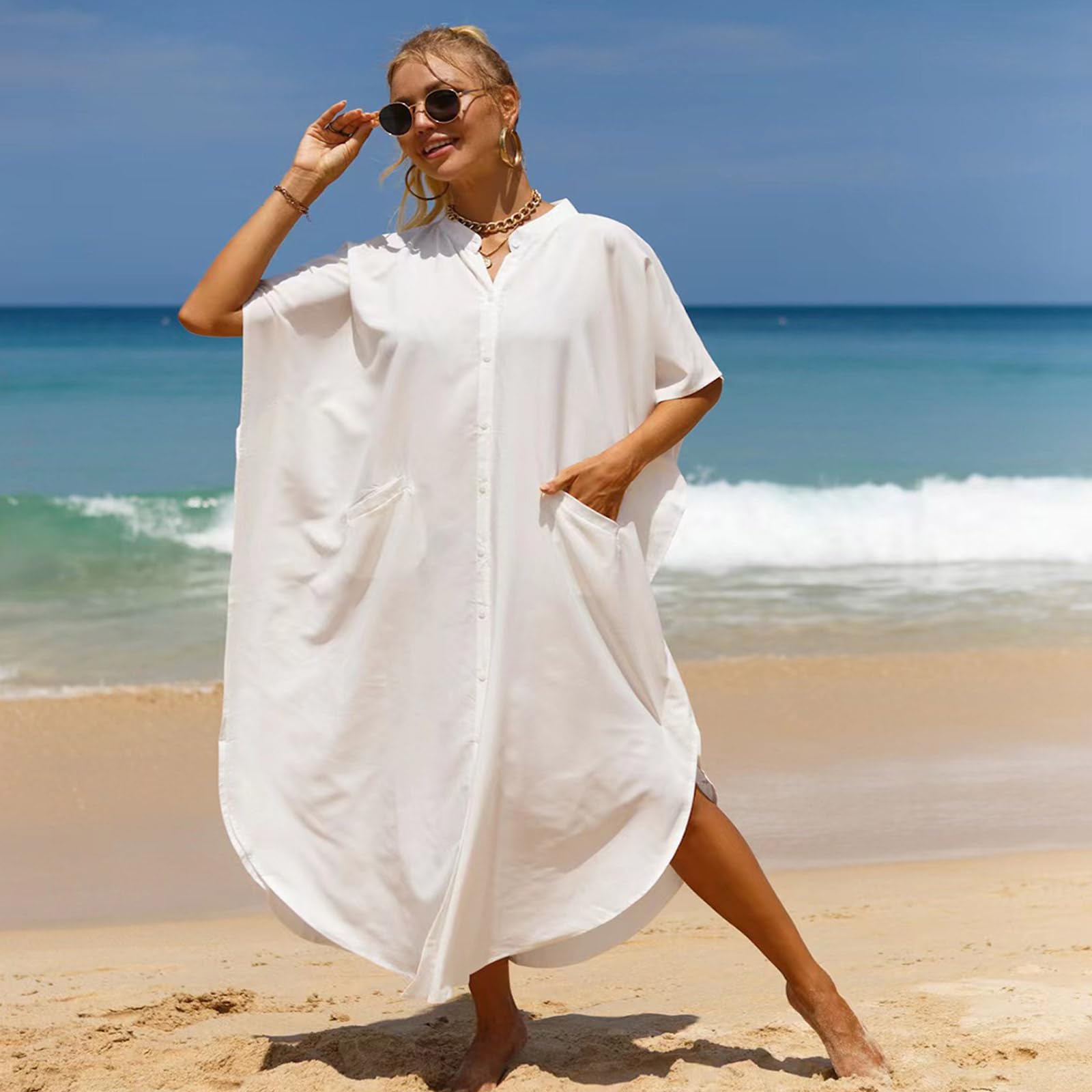 Vestido largo de traje de baño para mujer, con abertura lateral y botones hacia abajo, kimono, salida de baño para la playa