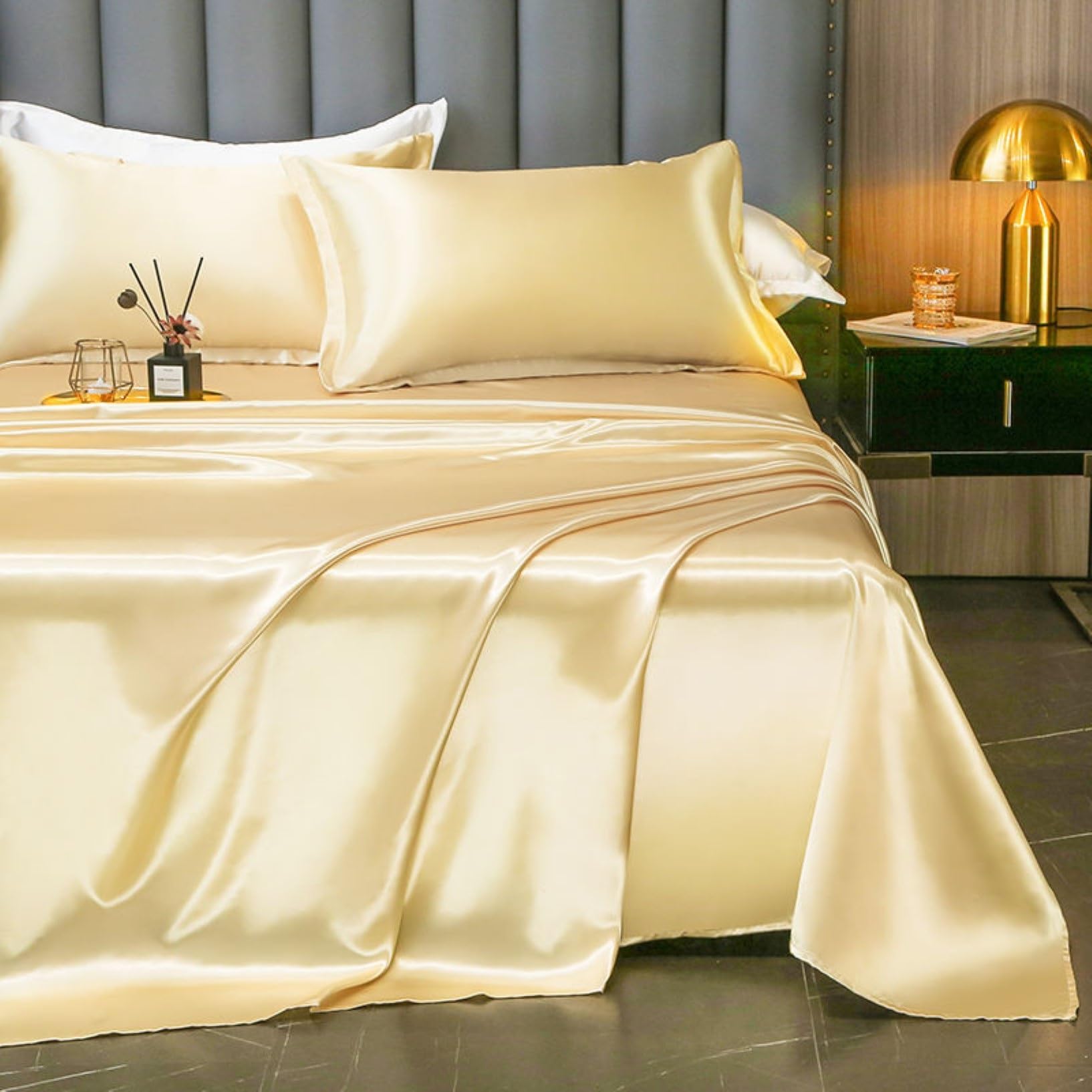 Sábanas Satén,Juego Sábanas Satén Suave Tamaño Queen,Similar A Las Sábanas Seda,Sábanas Satén Tamaño Queen For El Cabello Y La Piel,Regalos For Mujeres(Camel,230 * 250cm No Pillowcase)