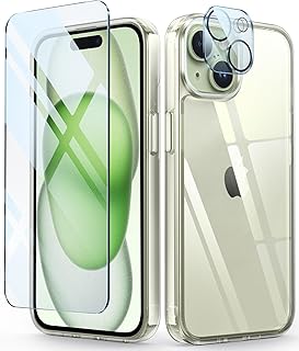 FNTCASE for iPhone 15 Phone Case: Defender Clear Case for iPhone 15 with Camera Lens Protector Drop Protection Anti Yellowing Shockproof Cell Phone Cover iPhone 15 Case 6.1 Inch - Clear