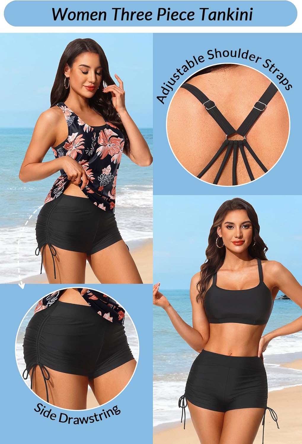 Yonique 3 Piece Womens Tankini Swimsuits with Shorts Athletic Bathing Suits Tank Tops with Bra and Boyshorts - Image 5