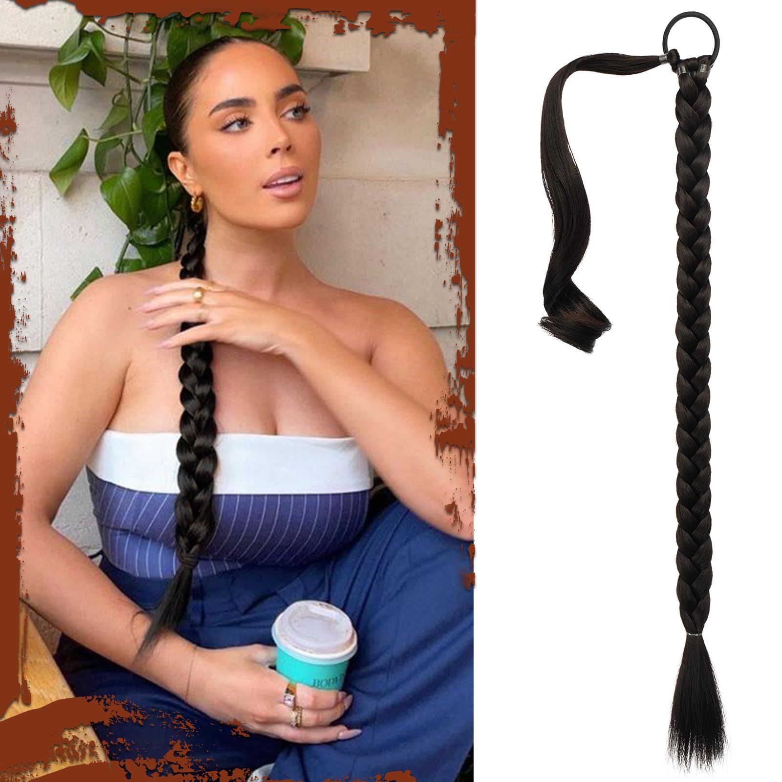 Sofeiyan Long Braid Ponytail Extension with Hair Tie Straight Sleek Wrap Around Hair Extensions Braid Pony Tail Fluffy Natural Soft Synthetic Hairpieces for Women Daily Wear 30 inch-Dark Brown