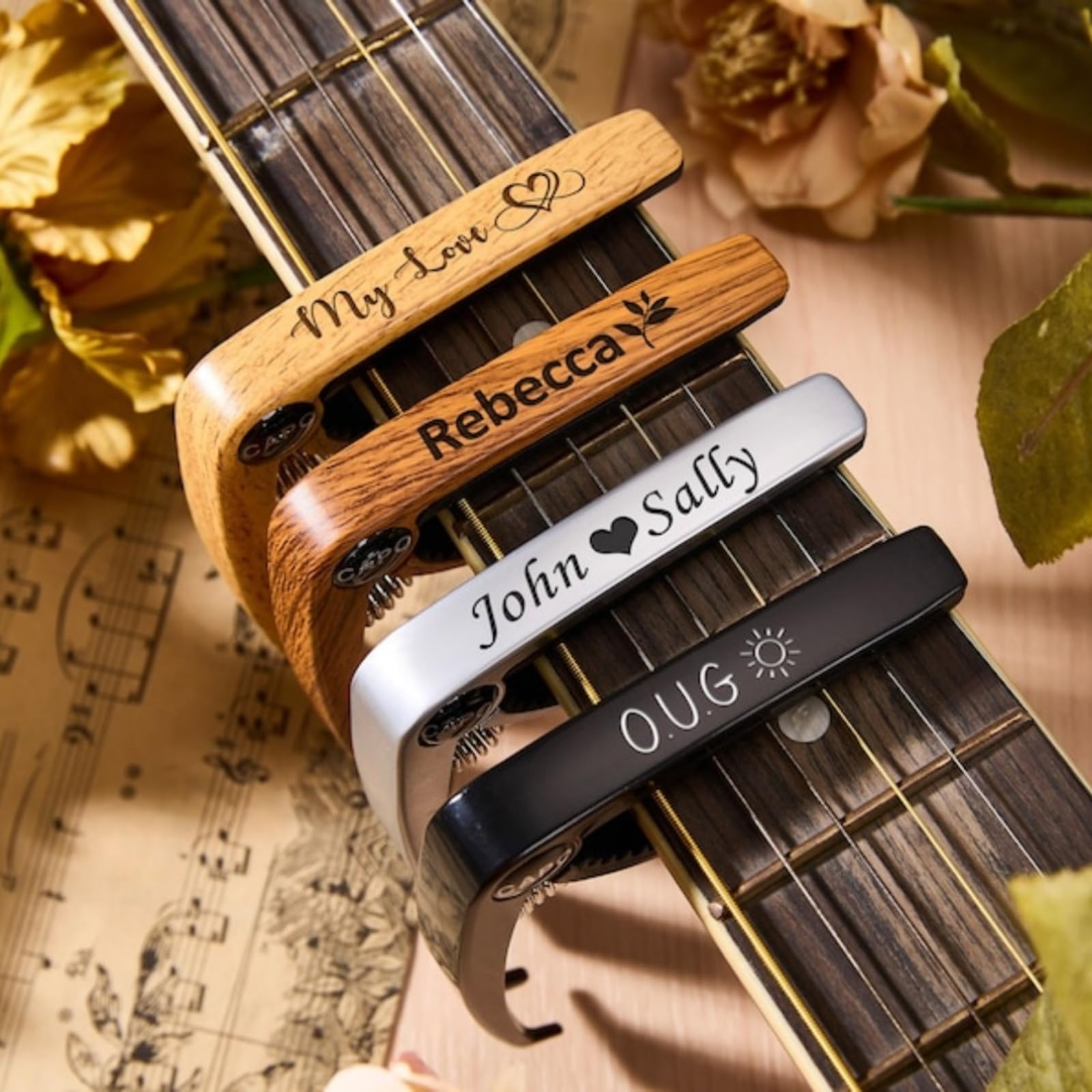 Personalized Guitar Capo Custom Engraved Wooden/Metal Capos Guitarist Music Teacher Groomsmen Gifts for Him Dad Men Husband Boyfriend Gift Musician Band Guitar Accessories (2pcs)