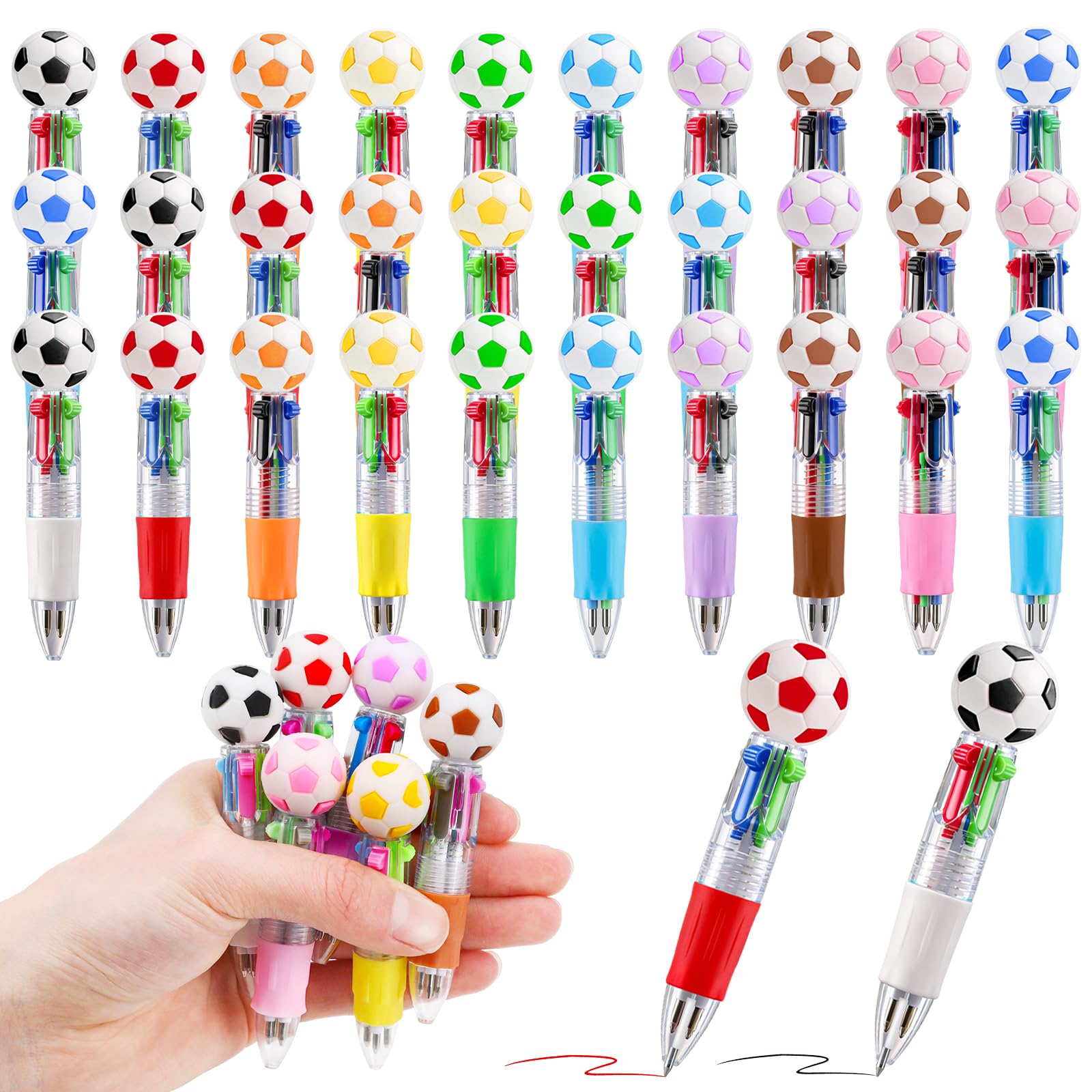 WIURGOHA 30Pcs Football Mini Multicolor Pens All in One 4 in 1 Cute Pens for Kids, Football Party Bag Fillers for Kids Classroom Fun Retractable Ballpoint Pen Soccer Gifts Party Favours