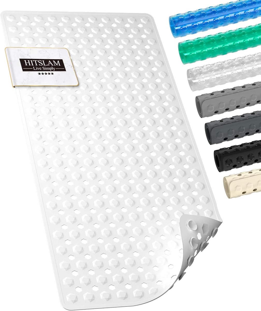 HITSLAM Badewannenmatte rutschfest, 89 x 40cm Lange Antirutschmatte Badewanne, Duschmatte rutschfest BPA Frei, Schimmelresistent & Maschinenwaschbar, Schnelltrocknend und Leicht zu Reinigen, Weiß