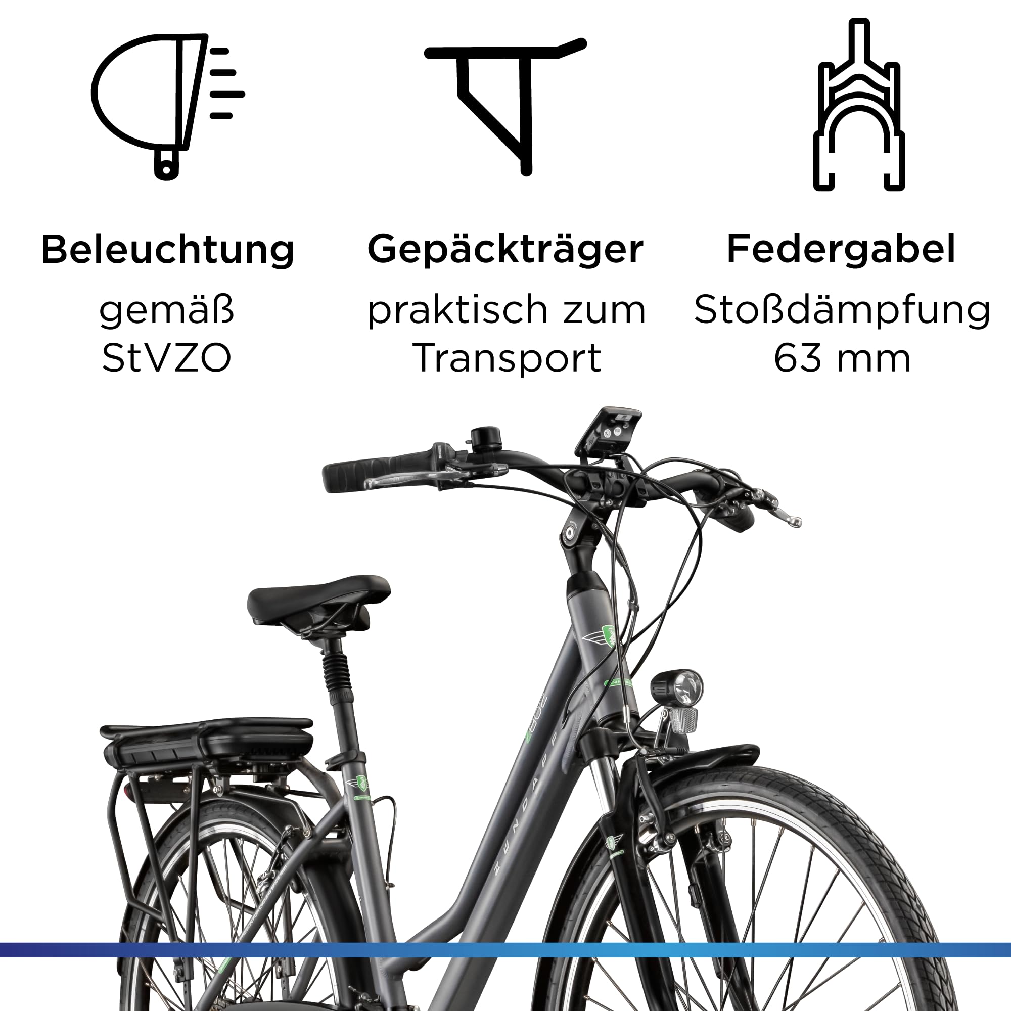 ZÜNDAPP Z802 E Bike Trekking 155-185 cm Fahrrad 21 Gänge, bis 115 km, 28 Zoll Elektrofahrrad mit Beleuchtung und LED Display, Ebike Trekkingrad