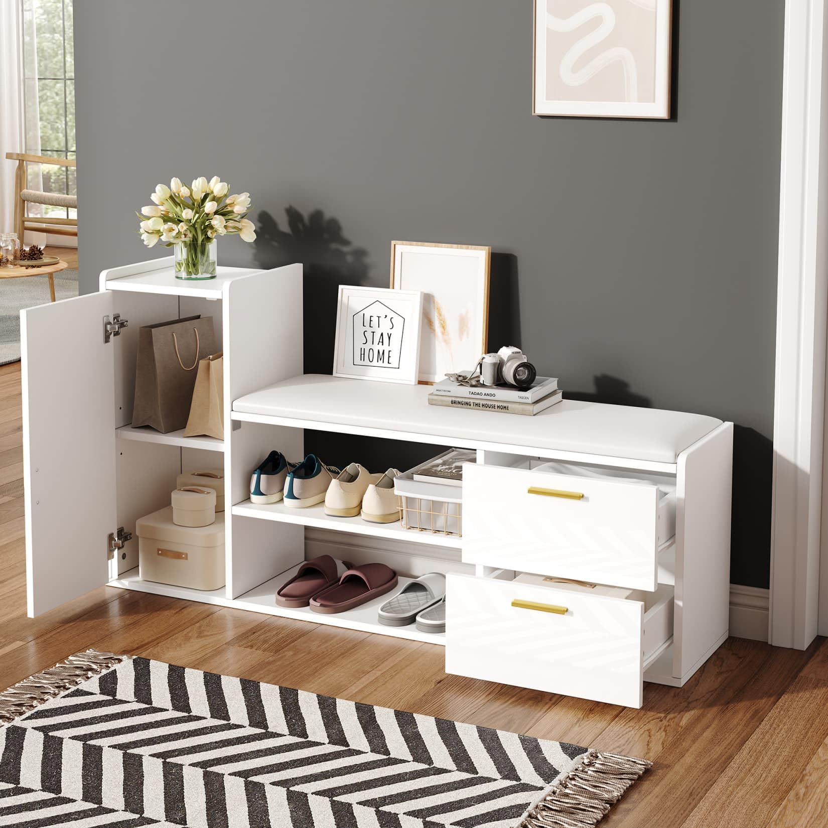 EURHCIO Meuble à Chaussures Mince 30x128x68cm,Rangement Chaussure avec Banc Rembourré,2 Tiroirs,Armoire,Étagères Ouvertes à Deux Niveaux,pour Entrée Salon