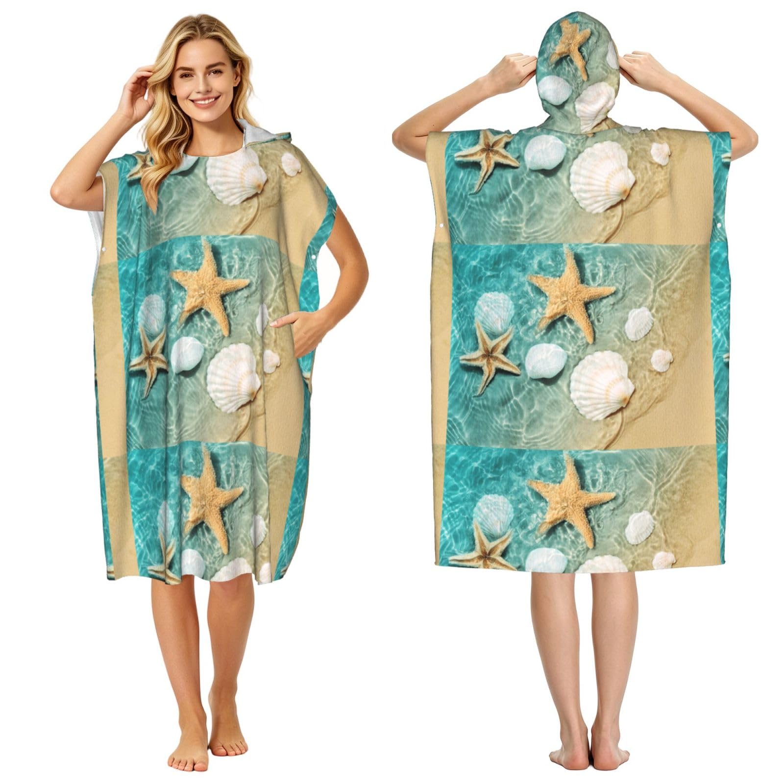 Poadnly Beach Starfish Seashells, Adult Hooded Beach Towel 90 x 110 cm,Changing Bath Robe, Surf Poncho Towel For Women Men